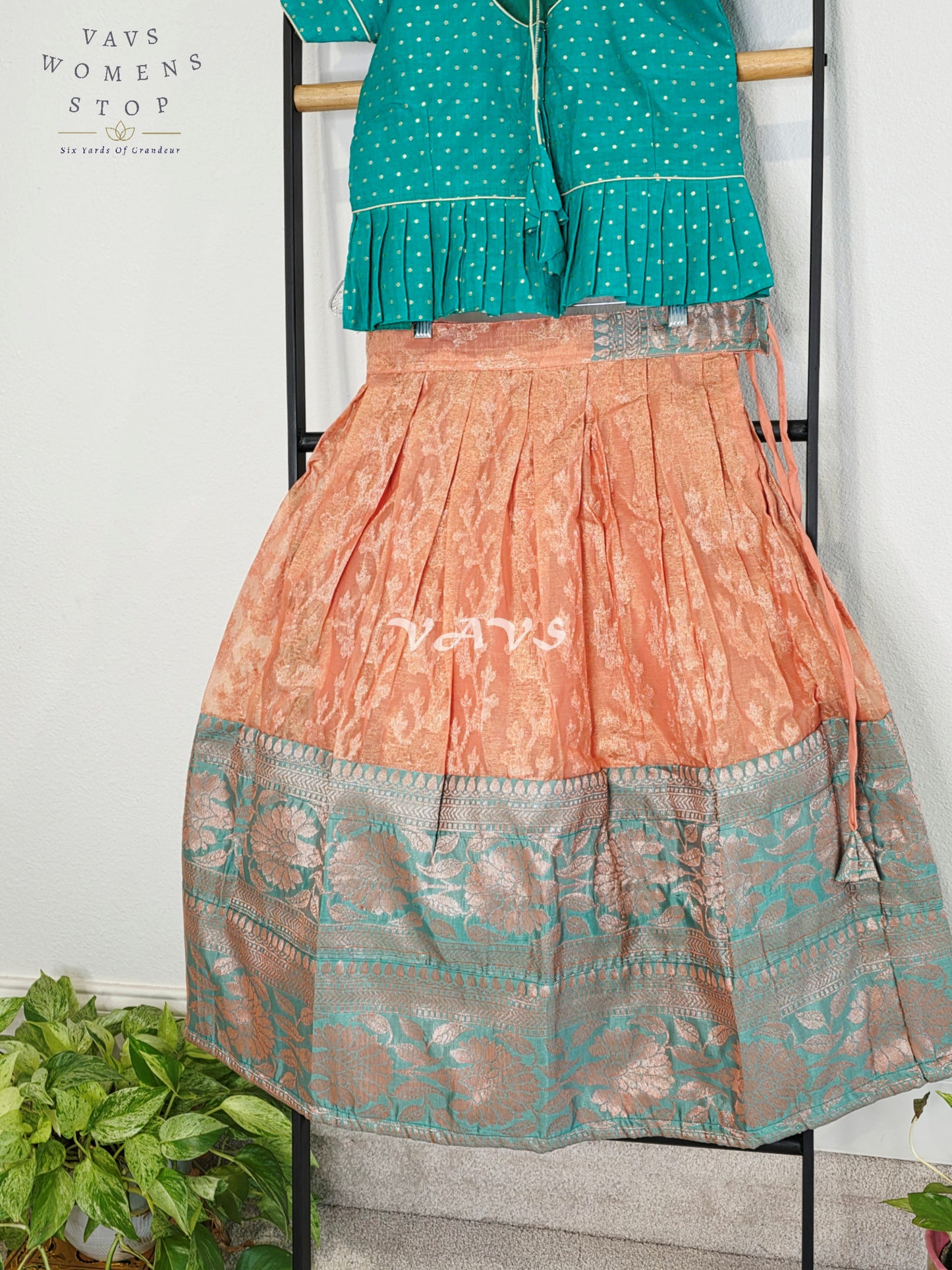 Royal Sea Green & Blush Peach Soft Pastel Organza Lehenga with Designer Puff Sleeves Blouse Set for Girls Ages 6–7