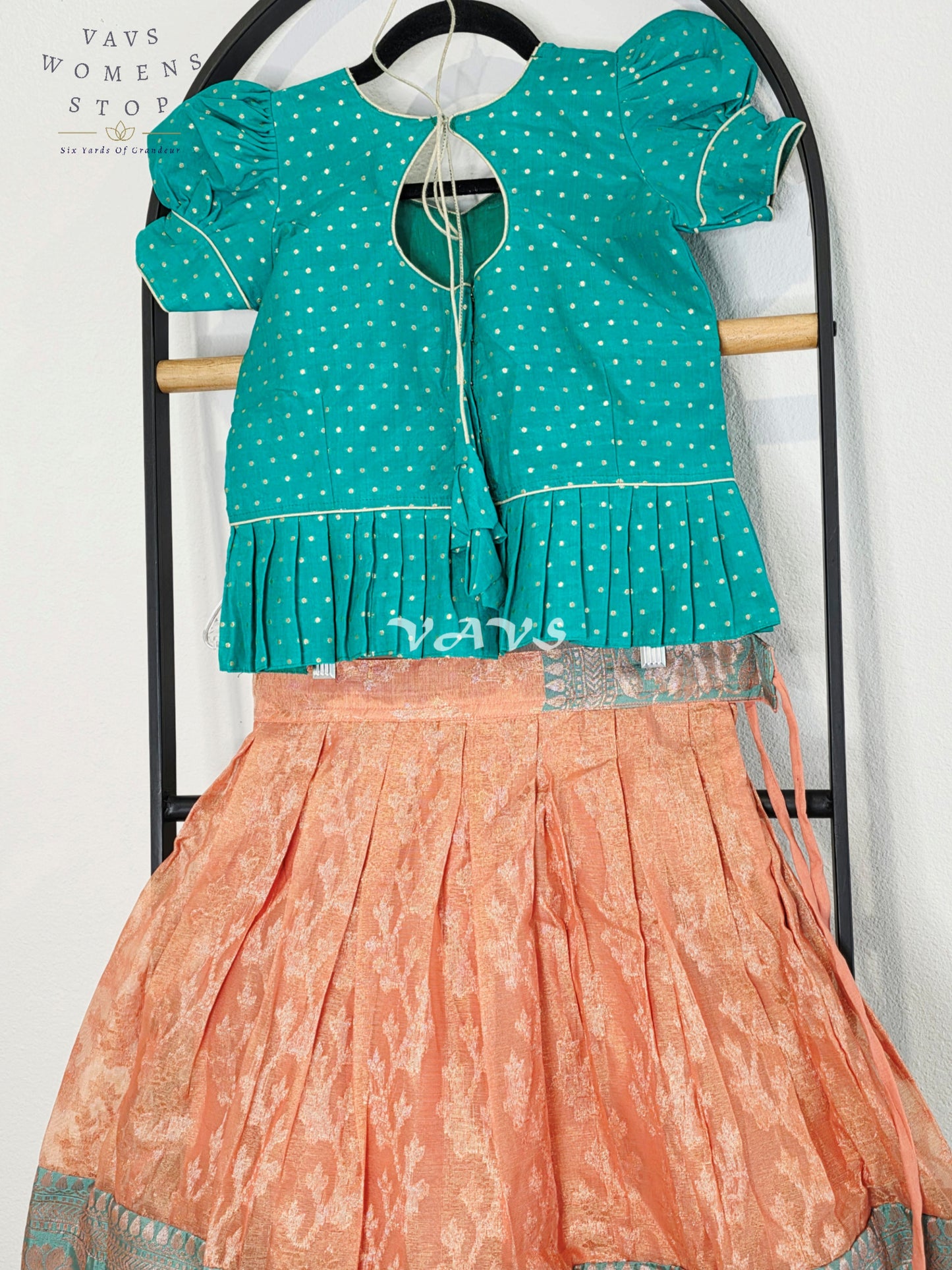 Royal Sea Green & Blush Peach Soft Pastel Organza Lehenga with Designer Puff Sleeves Blouse Set for Girls Ages 6–7