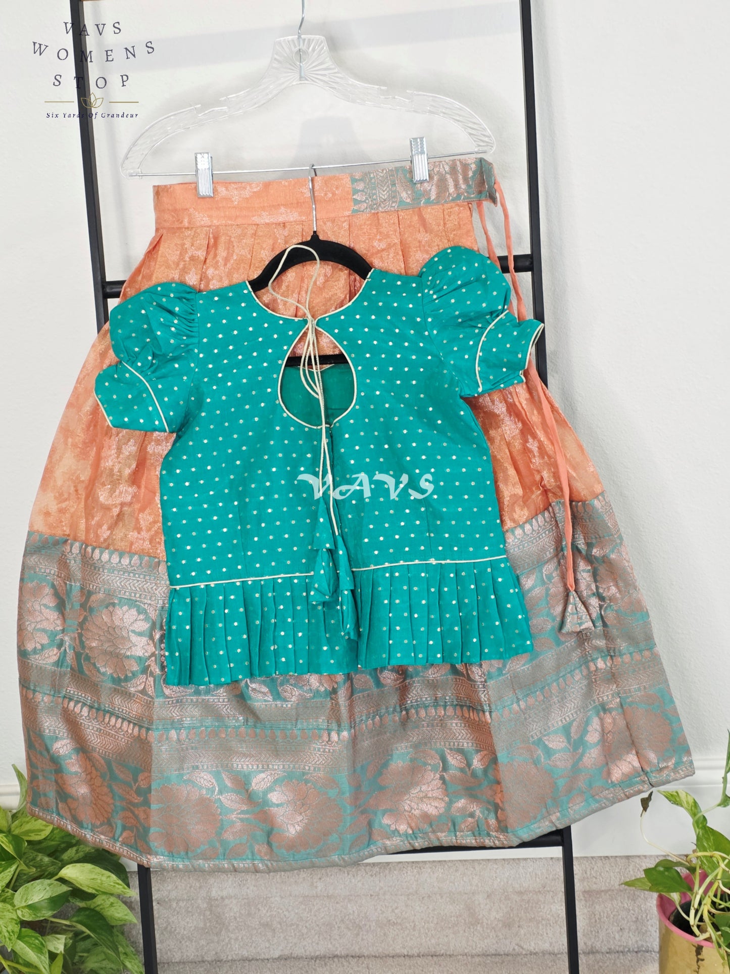 Royal Sea Green & Blush Peach Soft Pastel Organza Lehenga with Designer Puff Sleeves Blouse Set for Girls Ages 6–7