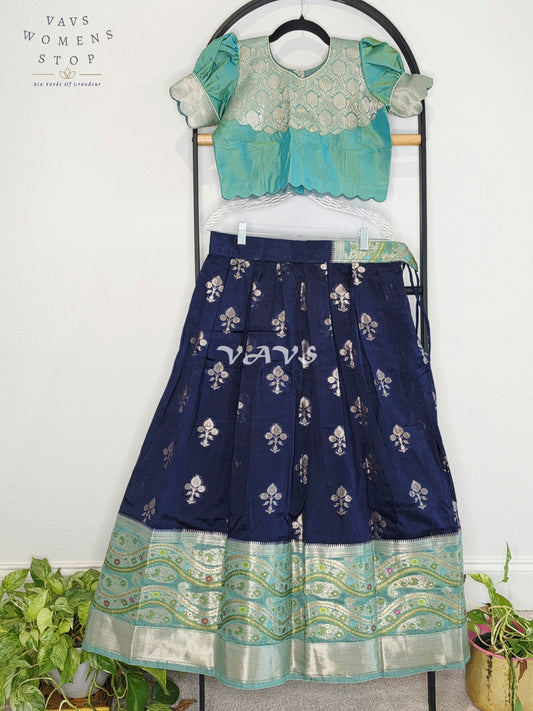 Royal Midnight Navy & Aqua Mint Benarasi Lehenga with Designer Puff Sleeves Blouse Set for Girls Ages 10–11