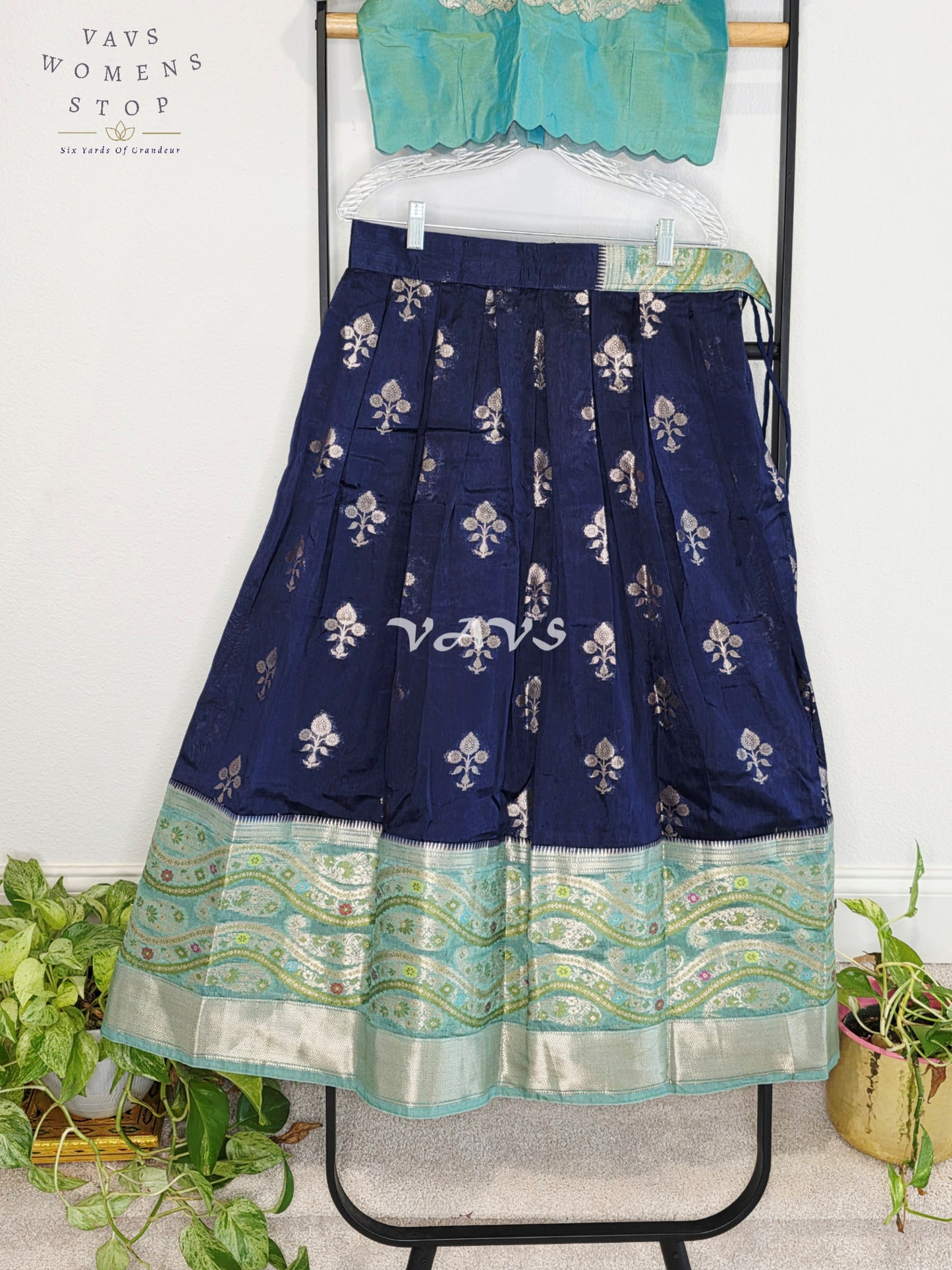 Royal Midnight Navy & Aqua Mint Benarasi Lehenga with Designer Puff Sleeves Blouse Set for Girls Ages 10–11