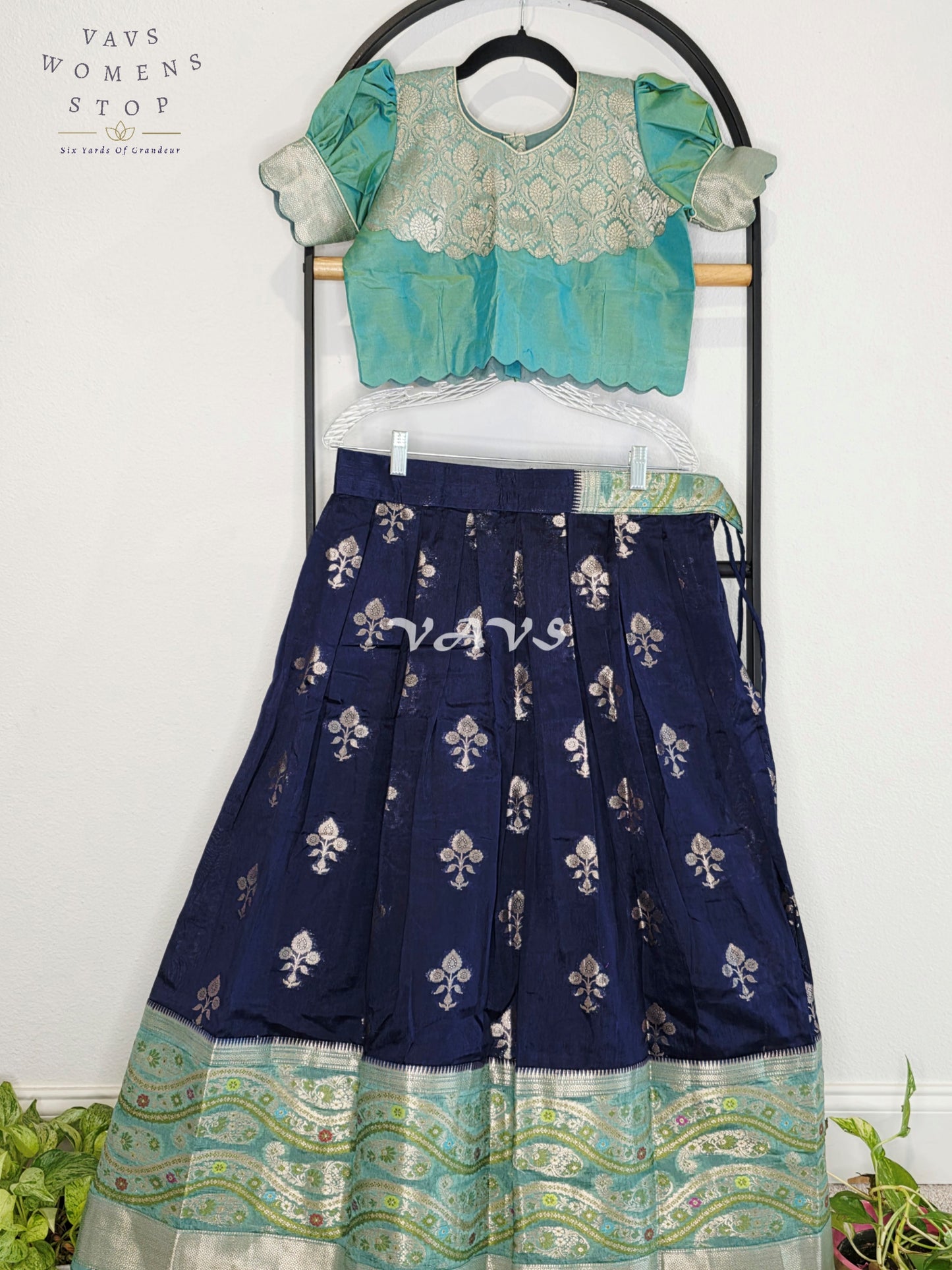 Royal Midnight Navy & Aqua Mint Benarasi Lehenga with Designer Puff Sleeves Blouse Set for Girls Ages 10–11