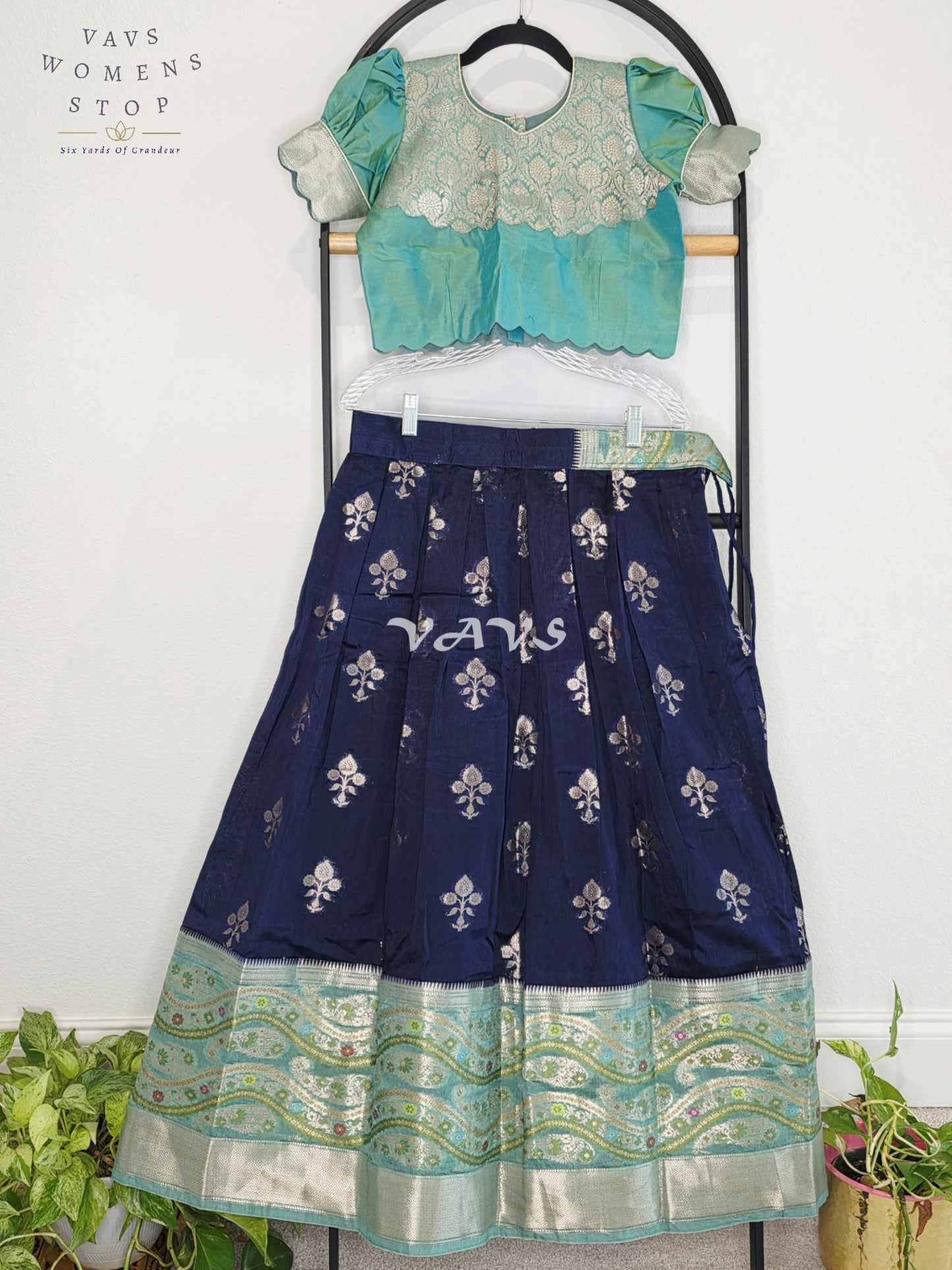 Royal Midnight Navy & Aqua Mint Benarasi Lehenga with Designer Puff Sleeves Blouse Set for Girls Ages 10–11