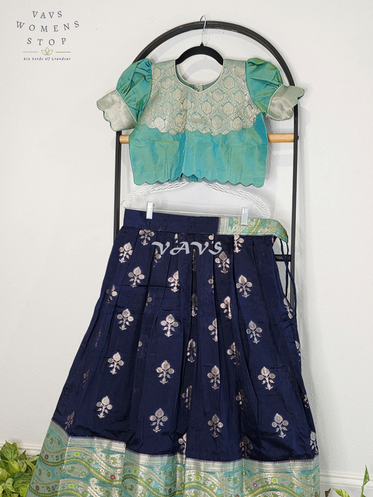 Royal Midnight Navy & Aqua Mint Benarasi Lehenga with Designer Puff Sleeves Blouse Set for Girls Ages 10–11