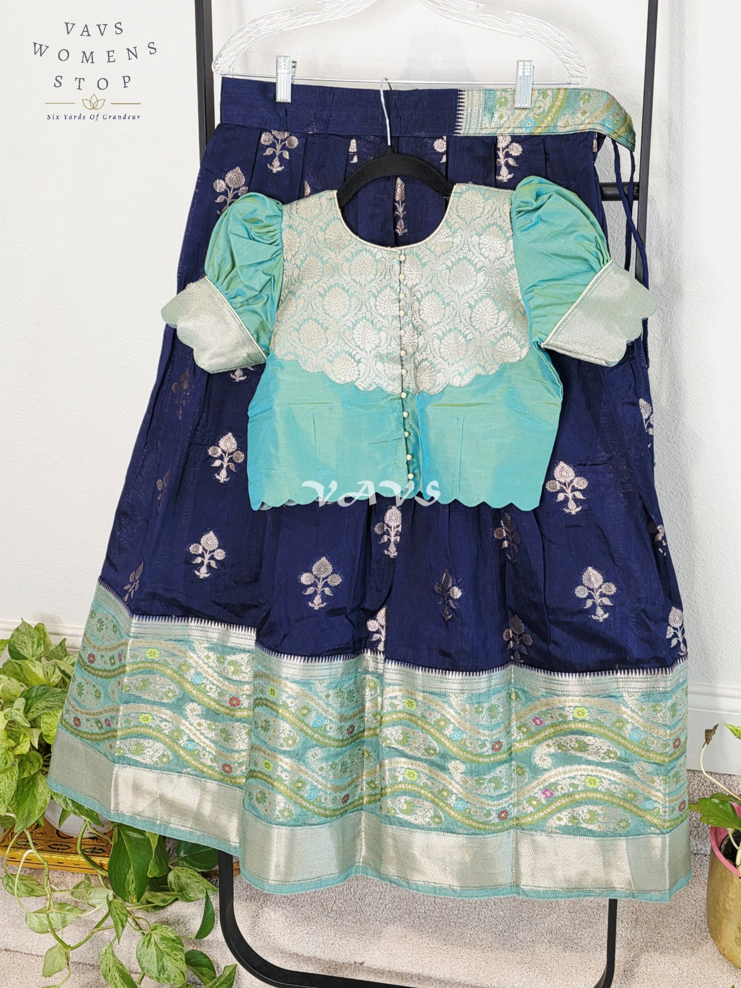 Royal Midnight Navy & Aqua Mint Benarasi Lehenga with Designer Puff Sleeves Blouse Set for Girls Ages 10–11