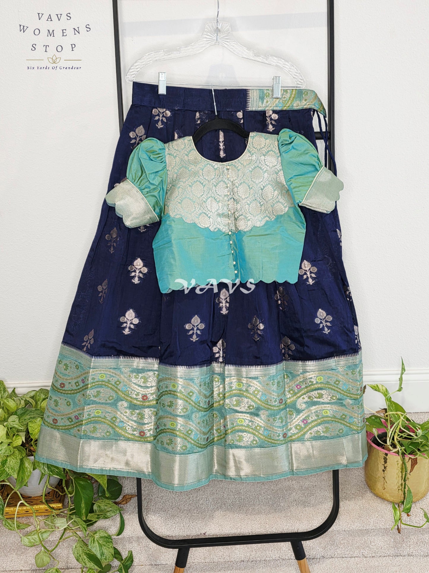 Royal Midnight Navy & Aqua Mint Benarasi Lehenga with Designer Puff Sleeves Blouse Set for Girls Ages 10–11