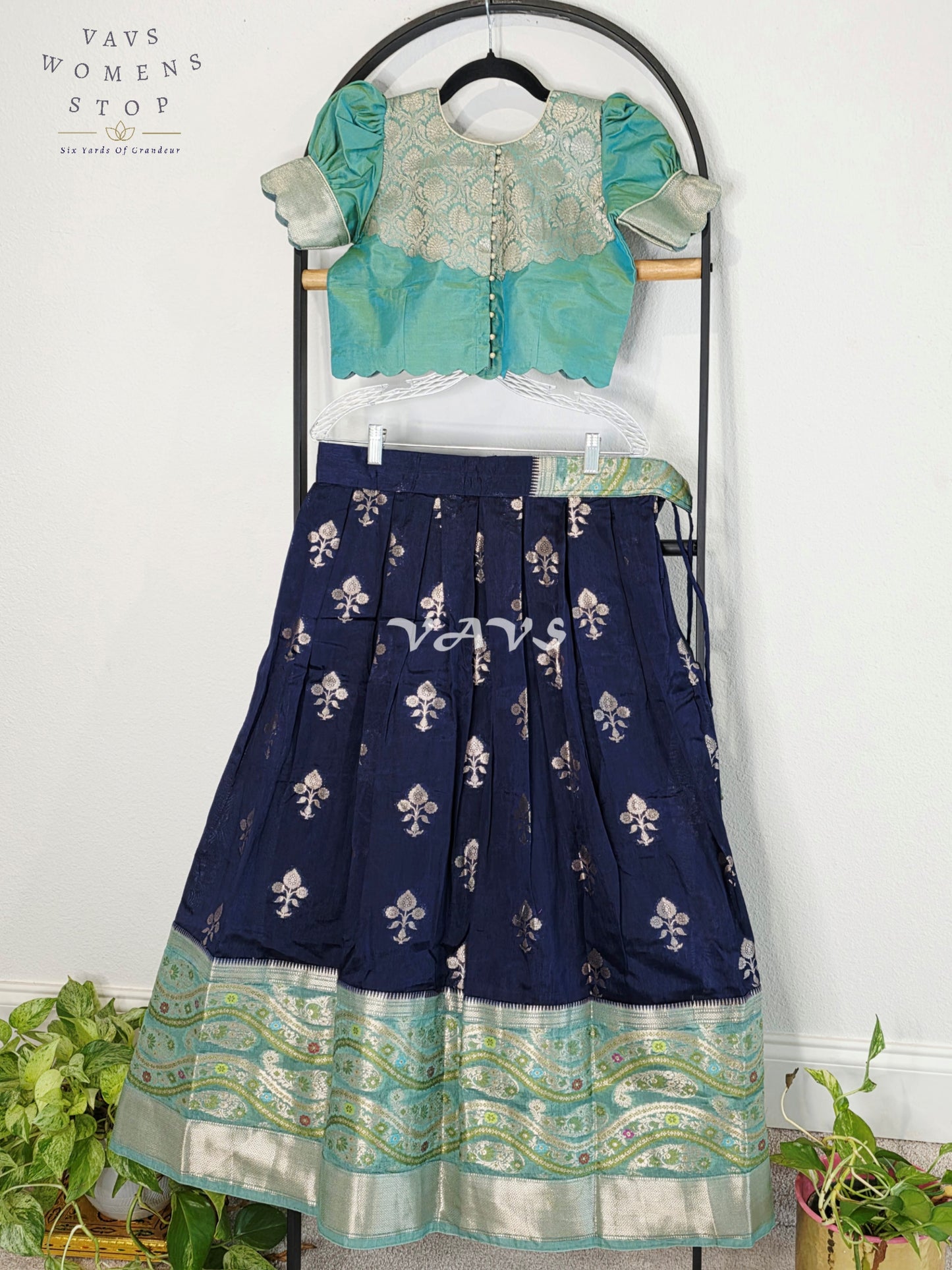 Royal Midnight Navy & Aqua Mint Benarasi Lehenga with Designer Puff Sleeves Blouse Set for Girls Ages 10–11