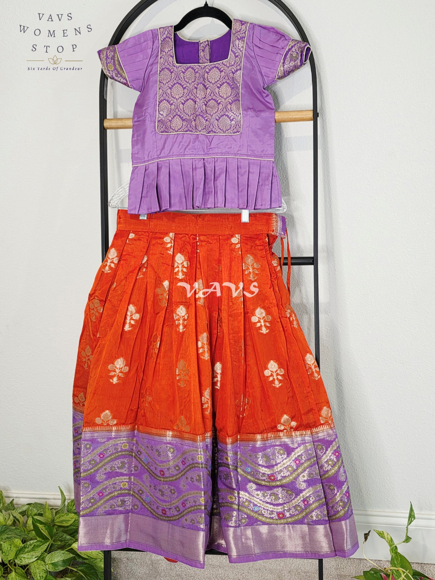 Royal Sunset Orange & Regal Lavender Benarasi Lehenga with Designer Puff Sleeves Blouse Set for Girls Ages 6–7
