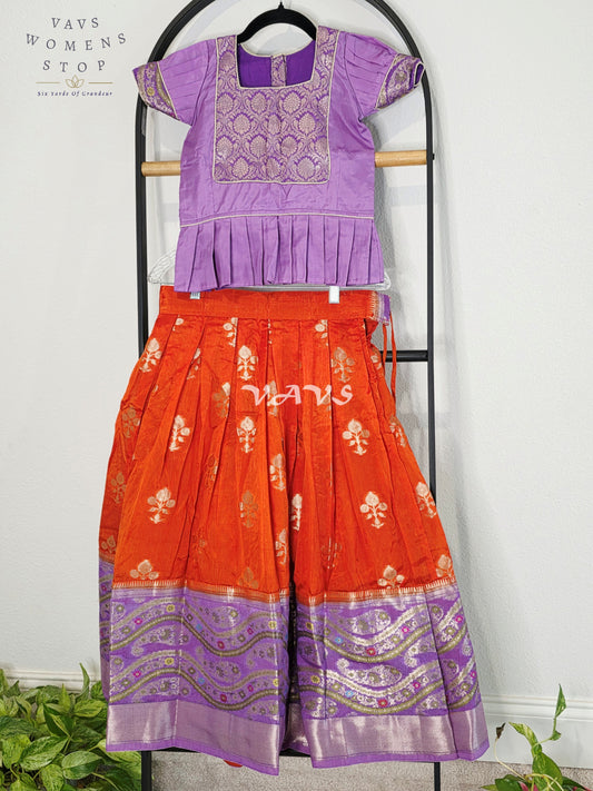 Royal Sunset Orange & Regal Lavender Benarasi Lehenga with Designer Puff Sleeves Blouse Set for Girls Ages 6–7