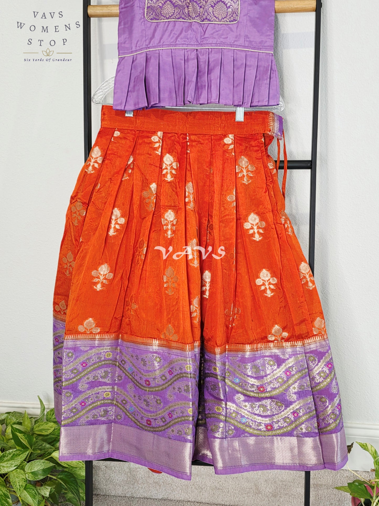 Royal Sunset Orange & Regal Lavender Benarasi Lehenga with Designer Puff Sleeves Blouse Set for Girls Ages 6–7