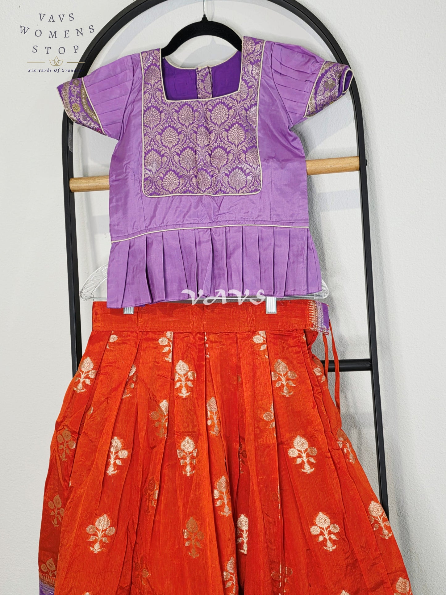 Royal Sunset Orange & Regal Lavender Benarasi Lehenga with Designer Puff Sleeves Blouse Set for Girls Ages 6–7
