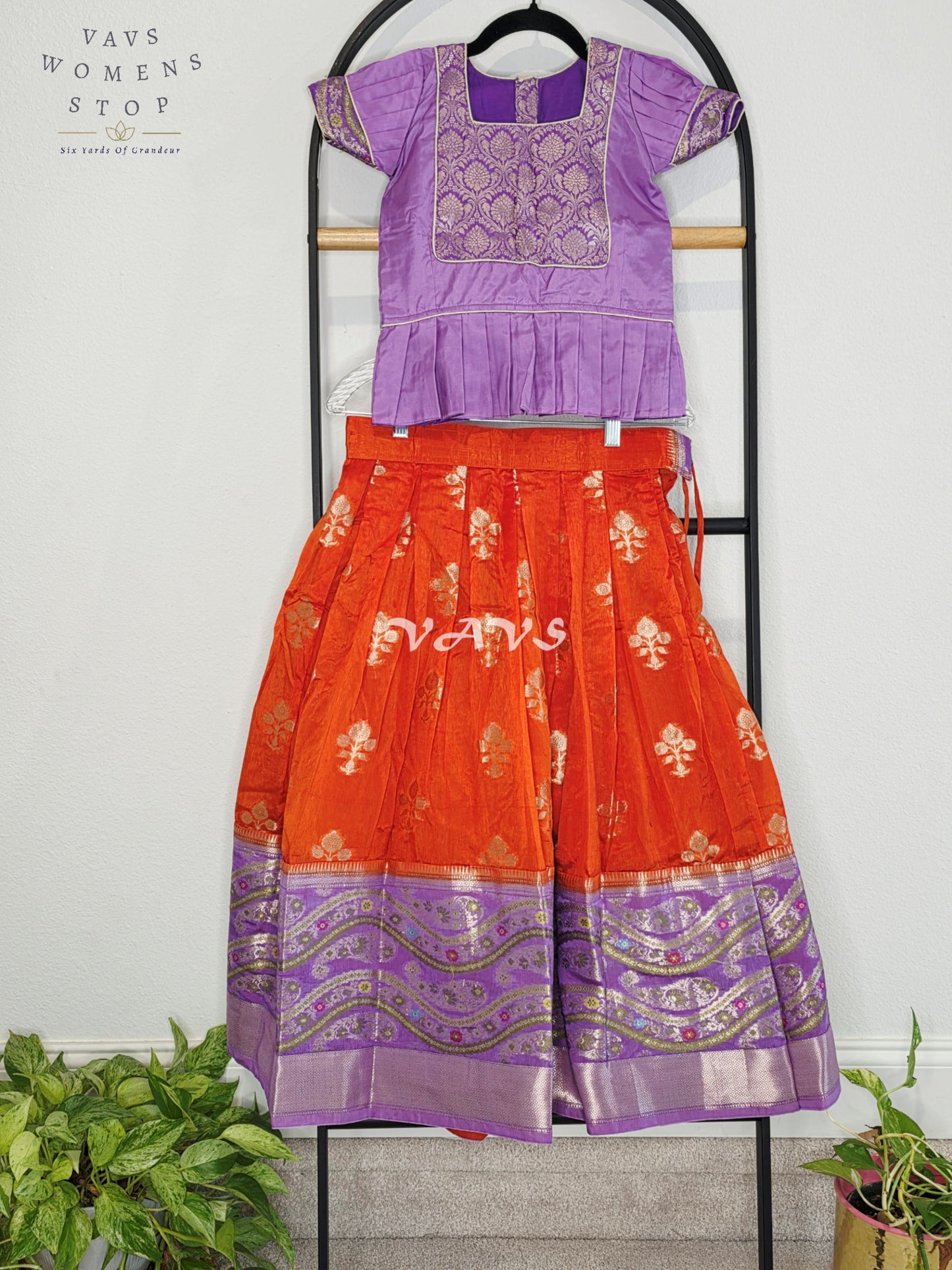 Royal Sunset Orange & Regal Lavender Benarasi Lehenga with Designer Puff Sleeves Blouse Set for Girls Ages 6–7