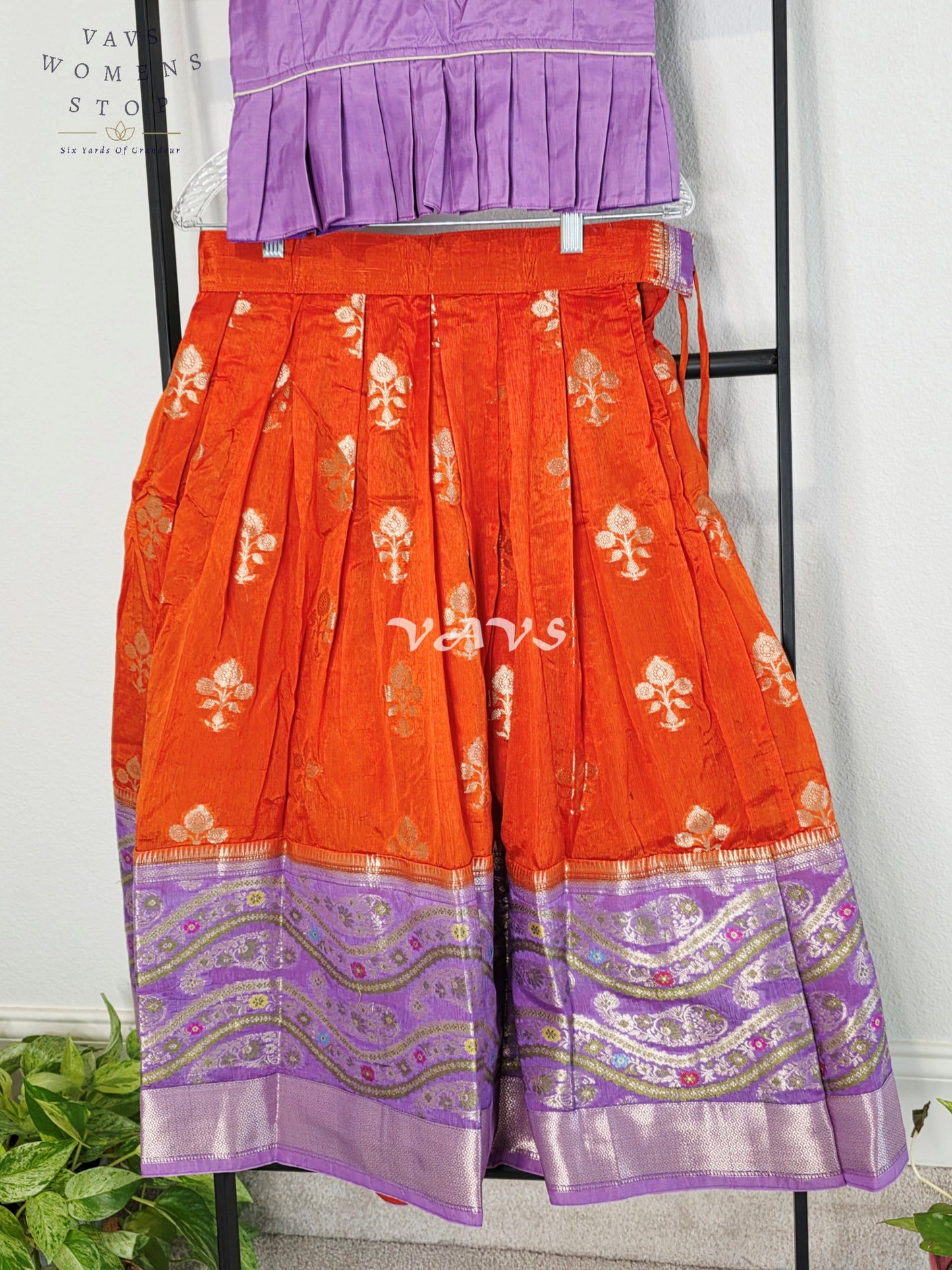 Royal Sunset Orange & Regal Lavender Benarasi Lehenga with Designer Puff Sleeves Blouse Set for Girls Ages 6–7