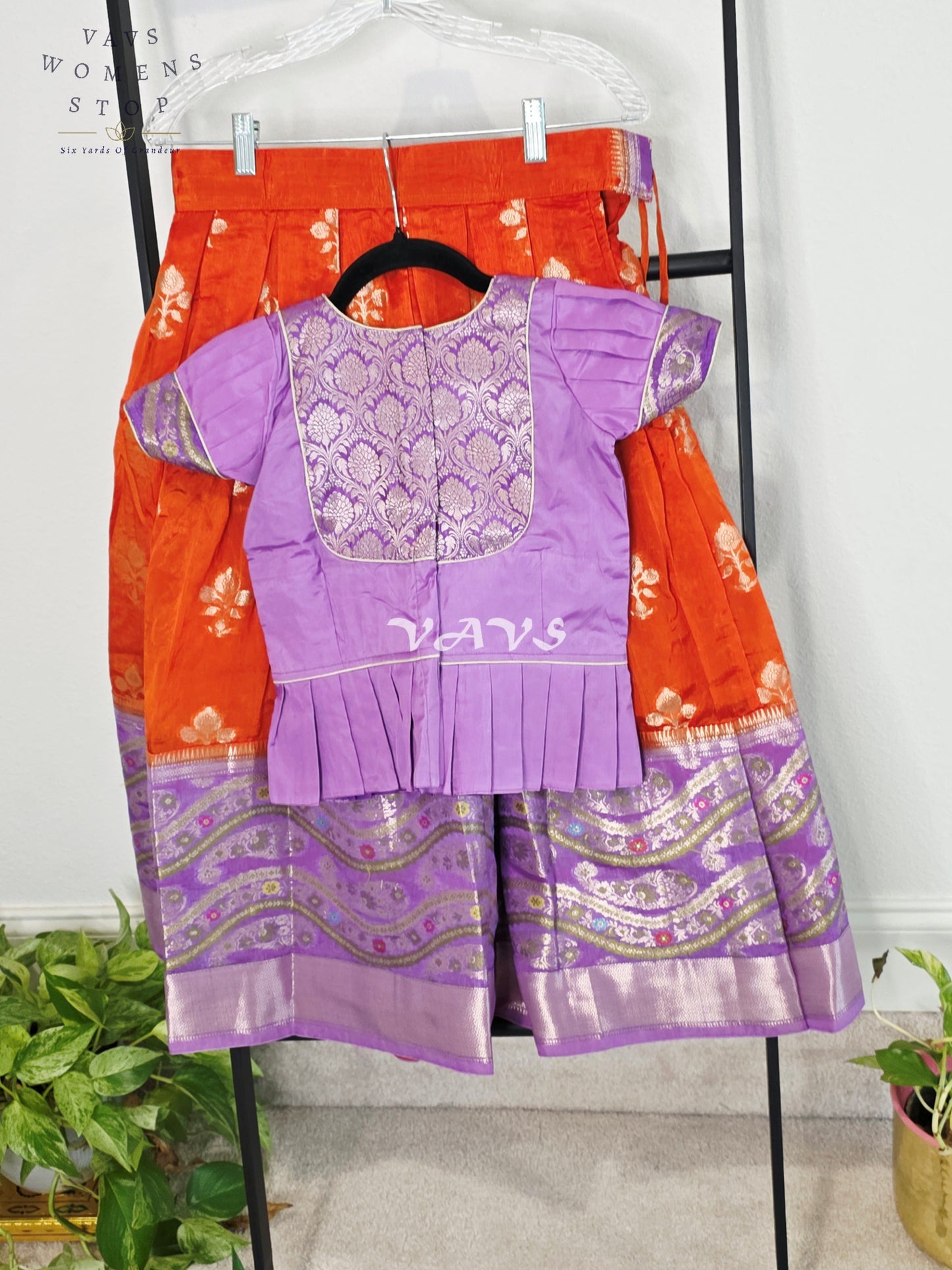 Royal Sunset Orange & Regal Lavender Benarasi Lehenga with Designer Puff Sleeves Blouse Set for Girls Ages 6–7