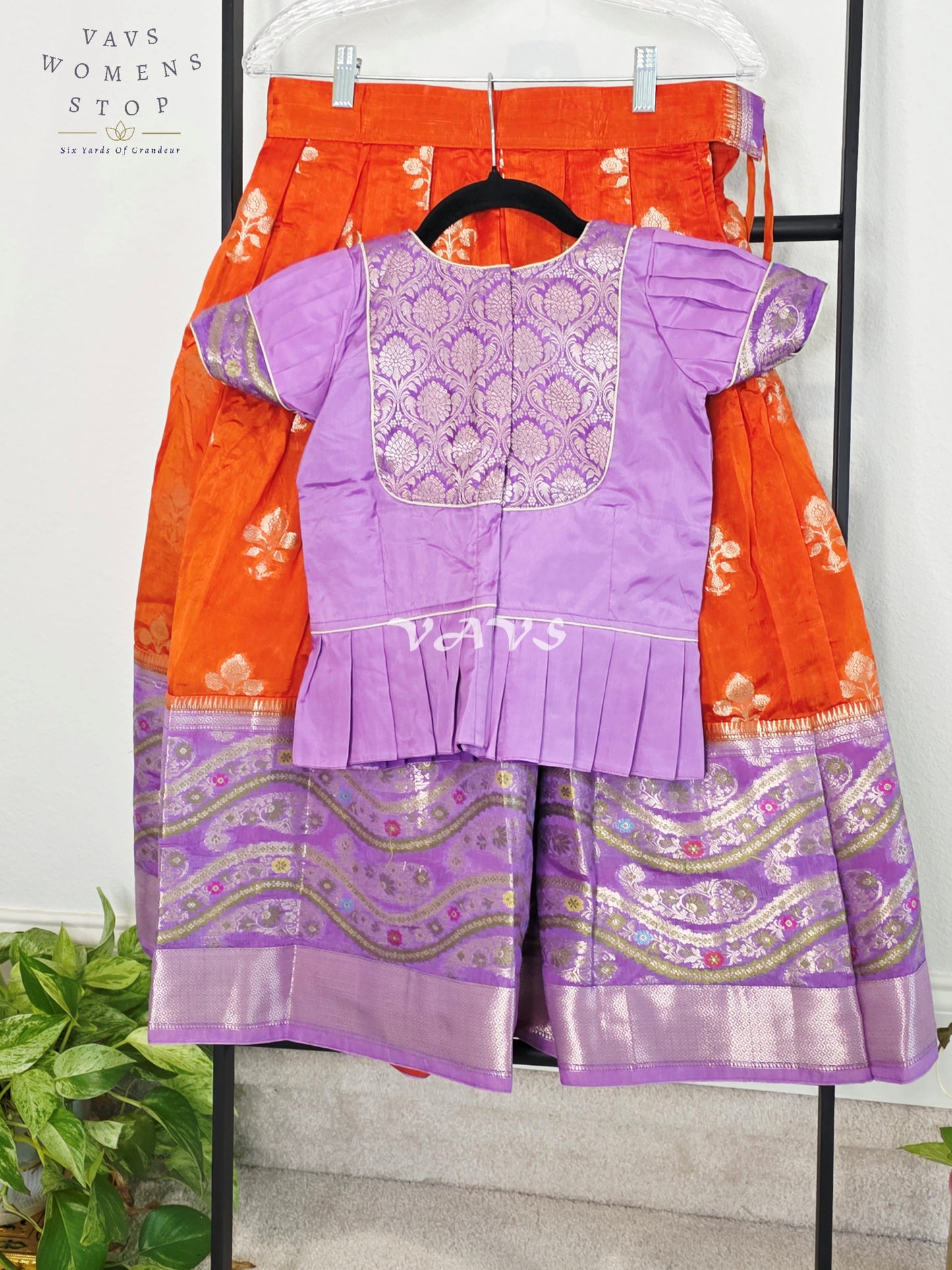 Royal Sunset Orange & Regal Lavender Benarasi Lehenga with Designer Puff Sleeves Blouse Set for Girls Ages 6–7
