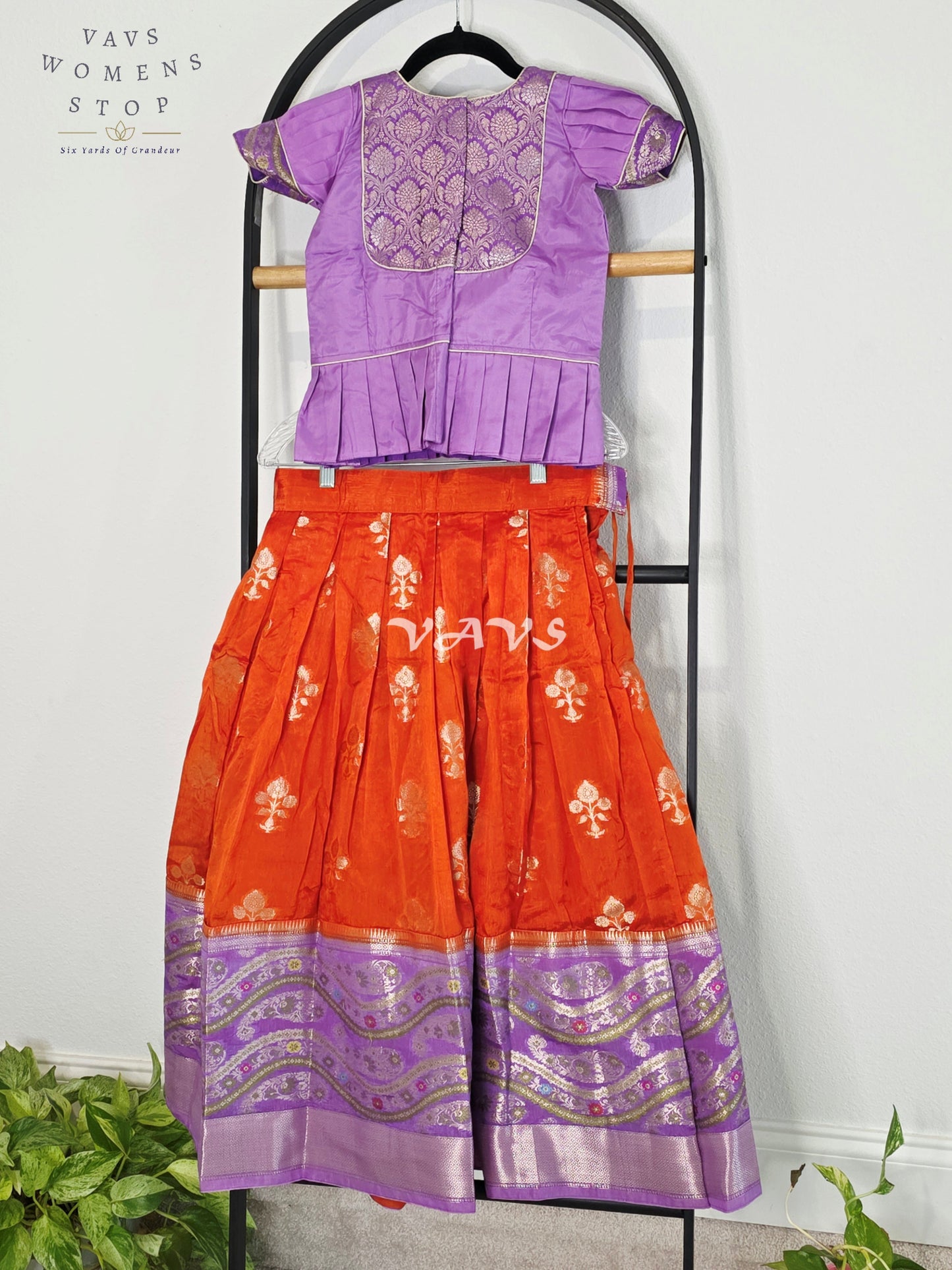 Royal Sunset Orange & Regal Lavender Benarasi Lehenga with Designer Puff Sleeves Blouse Set for Girls Ages 6–7