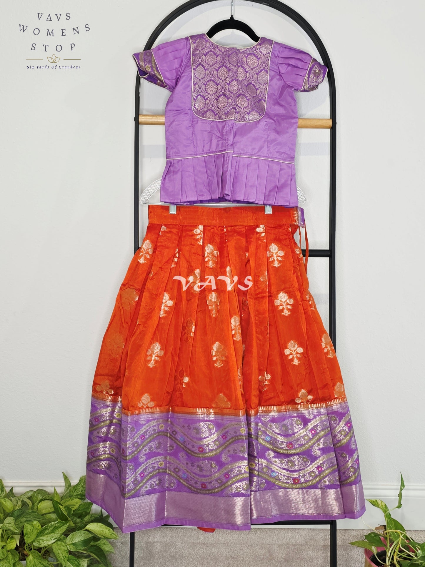 Royal Sunset Orange & Regal Lavender Benarasi Lehenga with Designer Puff Sleeves Blouse Set for Girls Ages 6–7