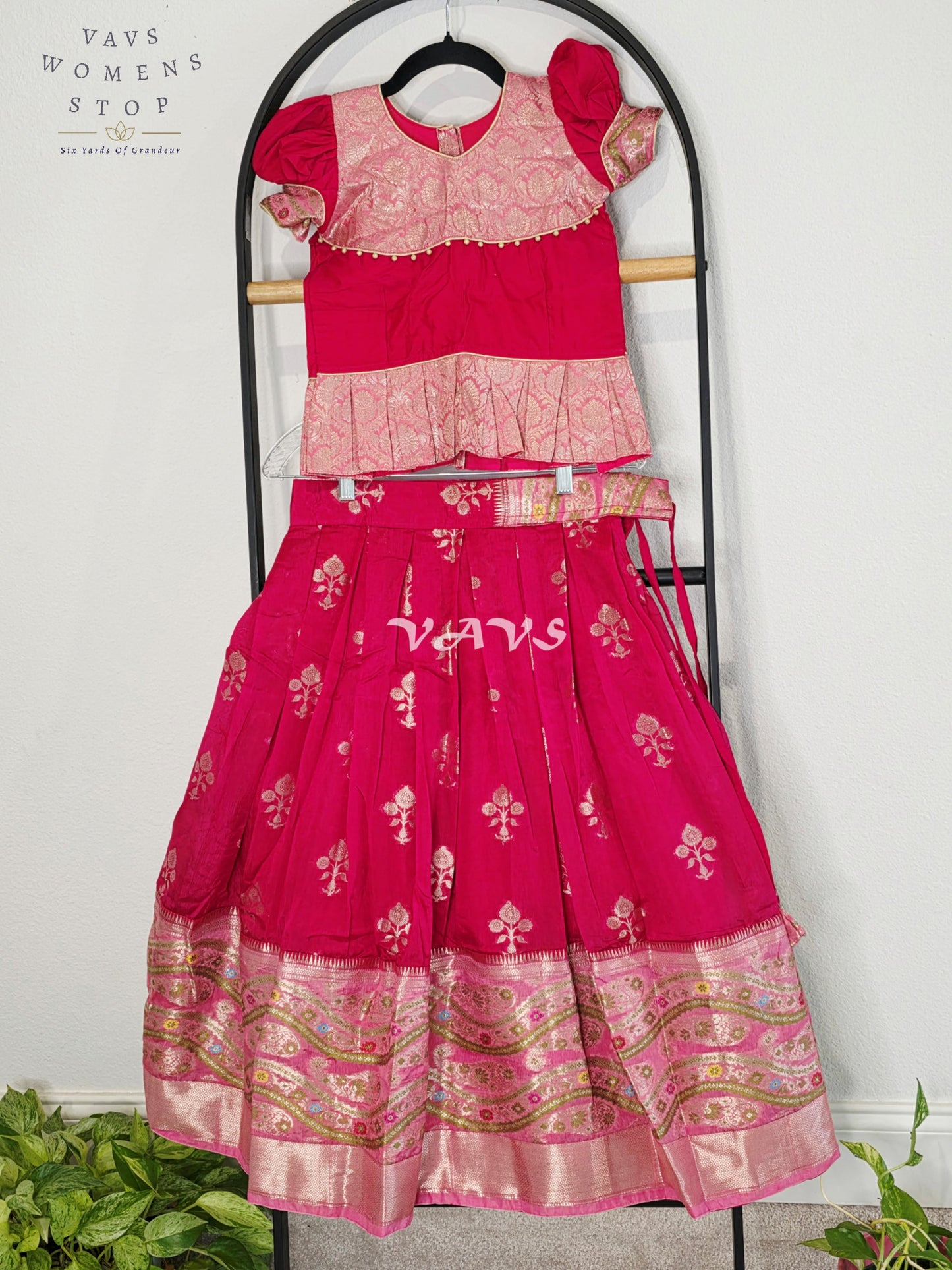 Royal Fuchsia Pink & Blush Pink Benarasi Lehenga with Designer Puff Sleeves Blouse Set for Girls Ages 6–7