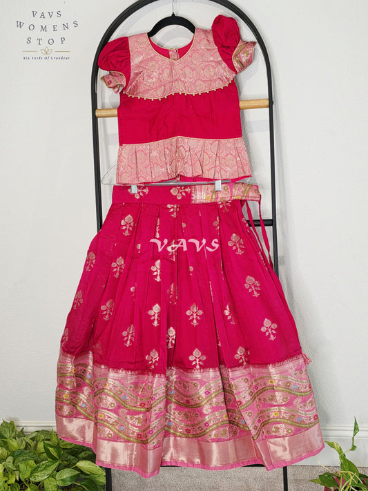 Royal Fuchsia Pink & Blush Pink Benarasi Lehenga with Designer Puff Sleeves Blouse Set for Girls Ages 6–7