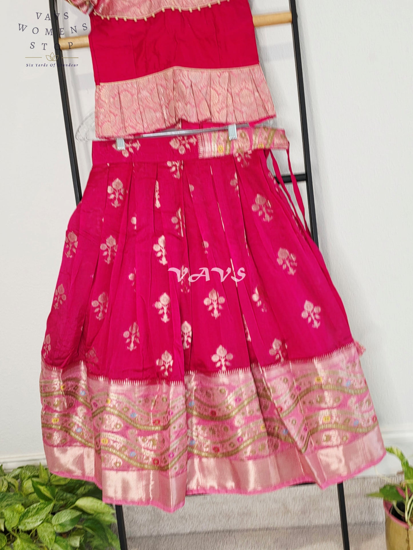 Royal Fuchsia Pink & Blush Pink Benarasi Lehenga with Designer Puff Sleeves Blouse Set for Girls Ages 6–7