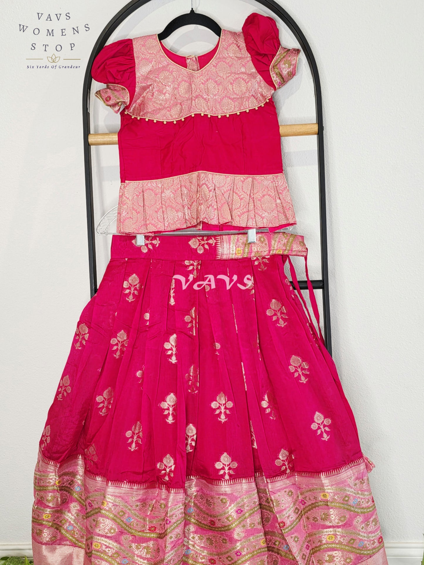 Royal Fuchsia Pink & Blush Pink Benarasi Lehenga with Designer Puff Sleeves Blouse Set for Girls Ages 6–7