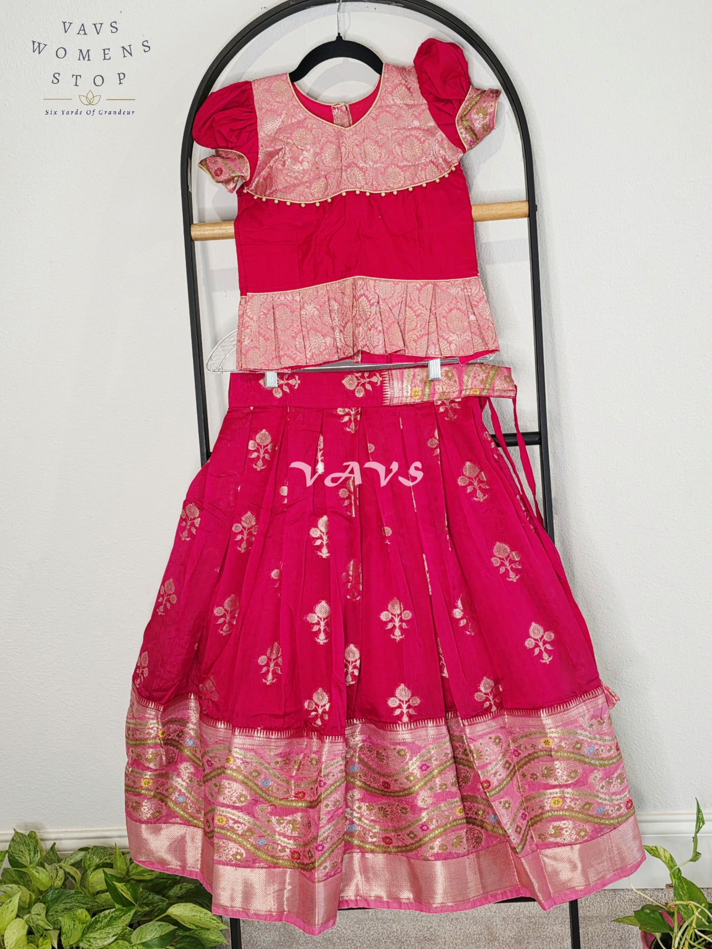 Royal Fuchsia Pink & Blush Pink Benarasi Lehenga with Designer Puff Sleeves Blouse Set for Girls Ages 6–7