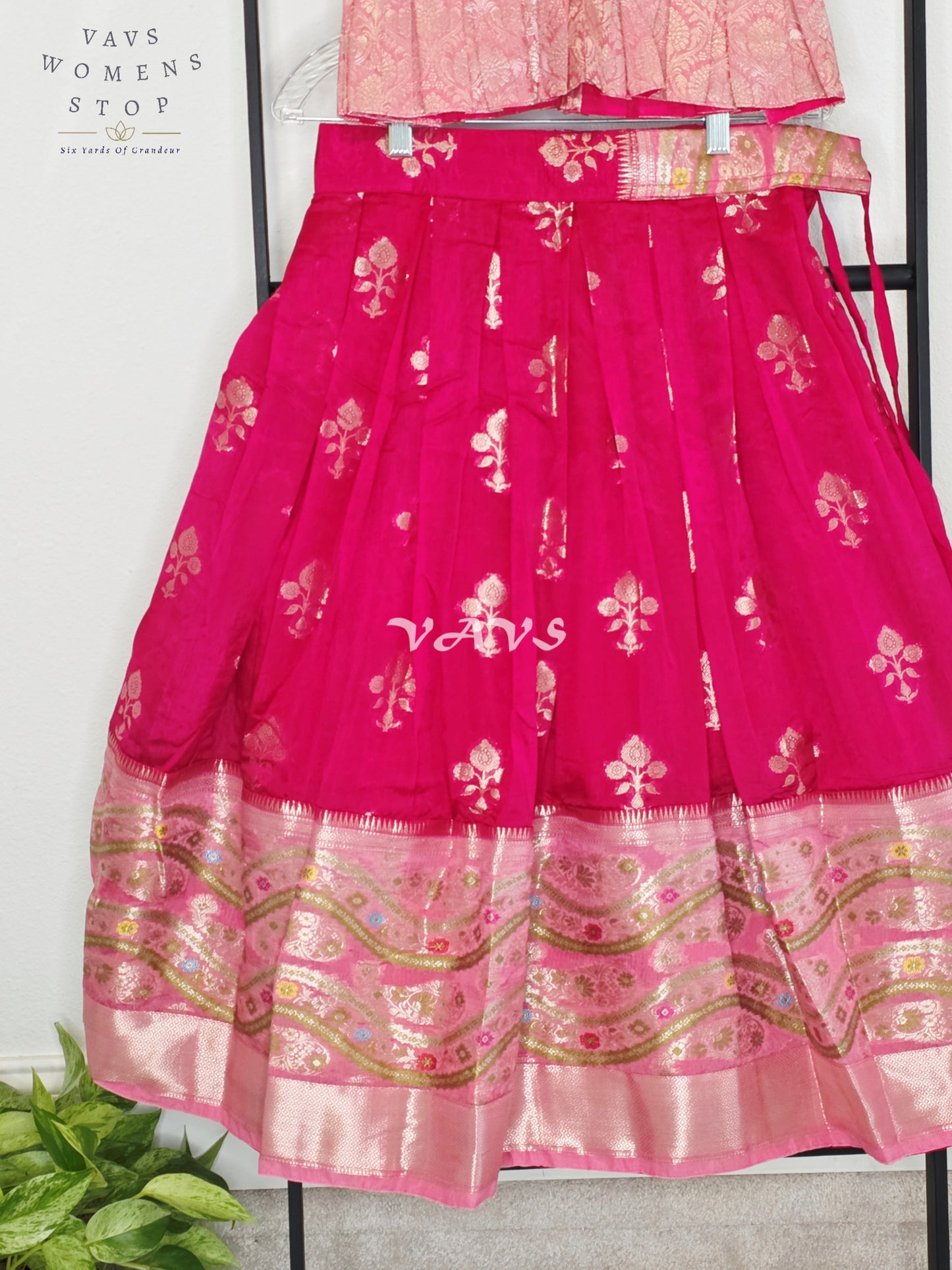 Royal Fuchsia Pink & Blush Pink Benarasi Lehenga with Designer Puff Sleeves Blouse Set for Girls Ages 6–7