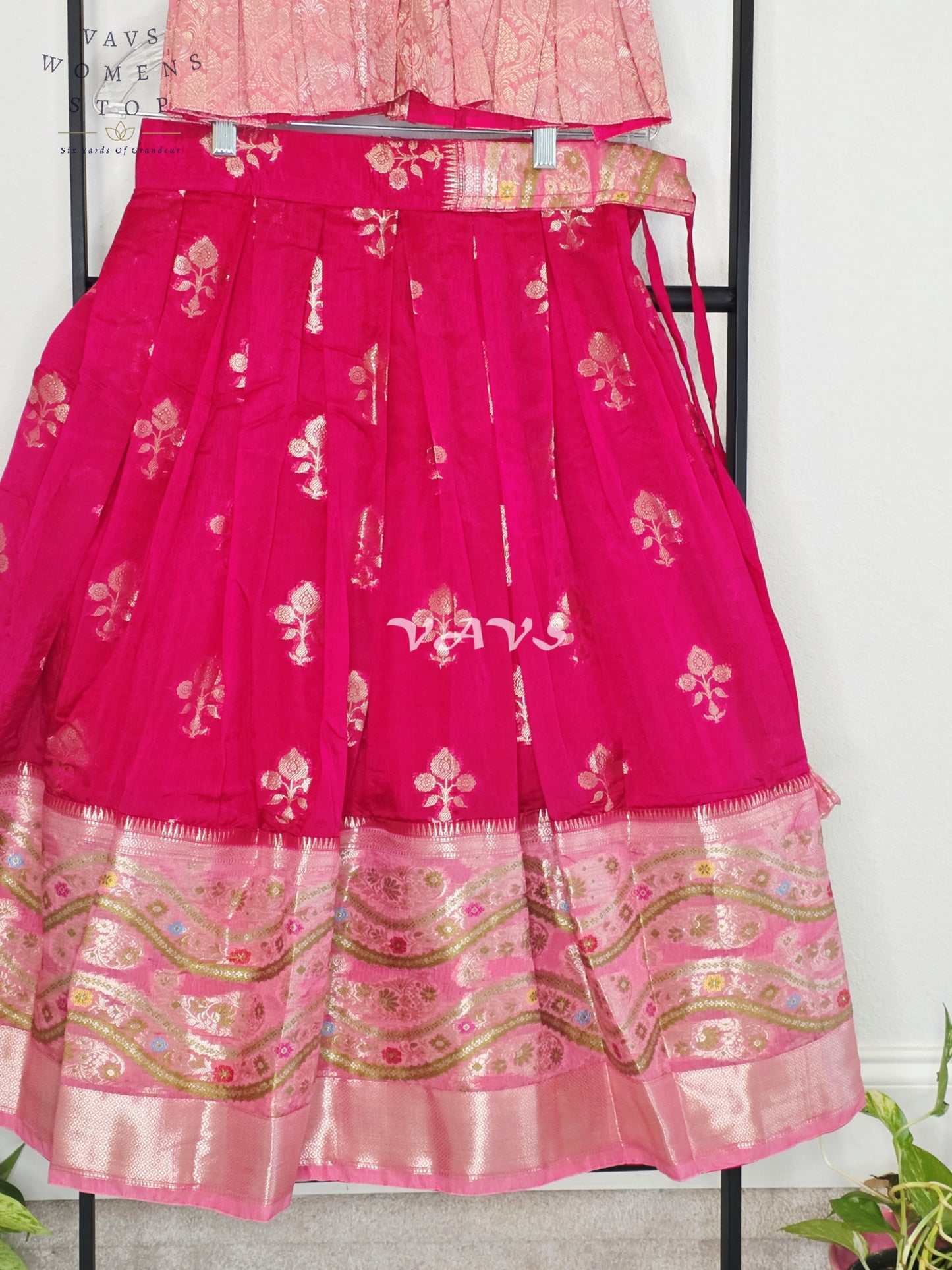Royal Fuchsia Pink & Blush Pink Benarasi Lehenga with Designer Puff Sleeves Blouse Set for Girls Ages 6–7