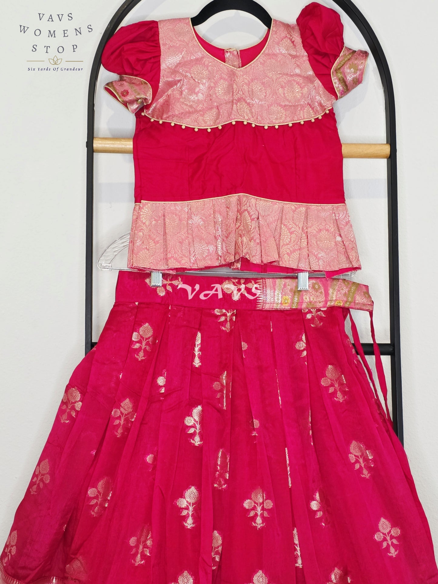 Royal Fuchsia Pink & Blush Pink Benarasi Lehenga with Designer Puff Sleeves Blouse Set for Girls Ages 6–7
