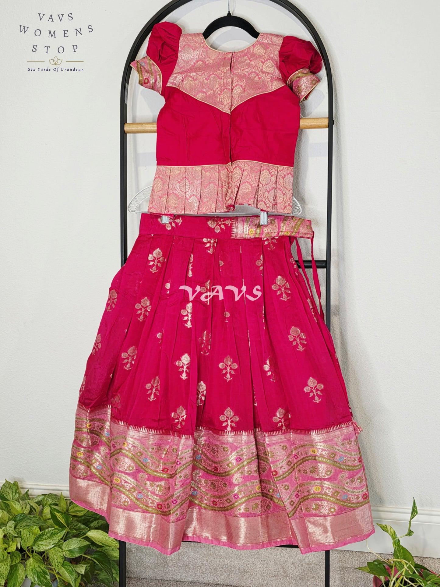 Royal Fuchsia Pink & Blush Pink Benarasi Lehenga with Designer Puff Sleeves Blouse Set for Girls Ages 6–7