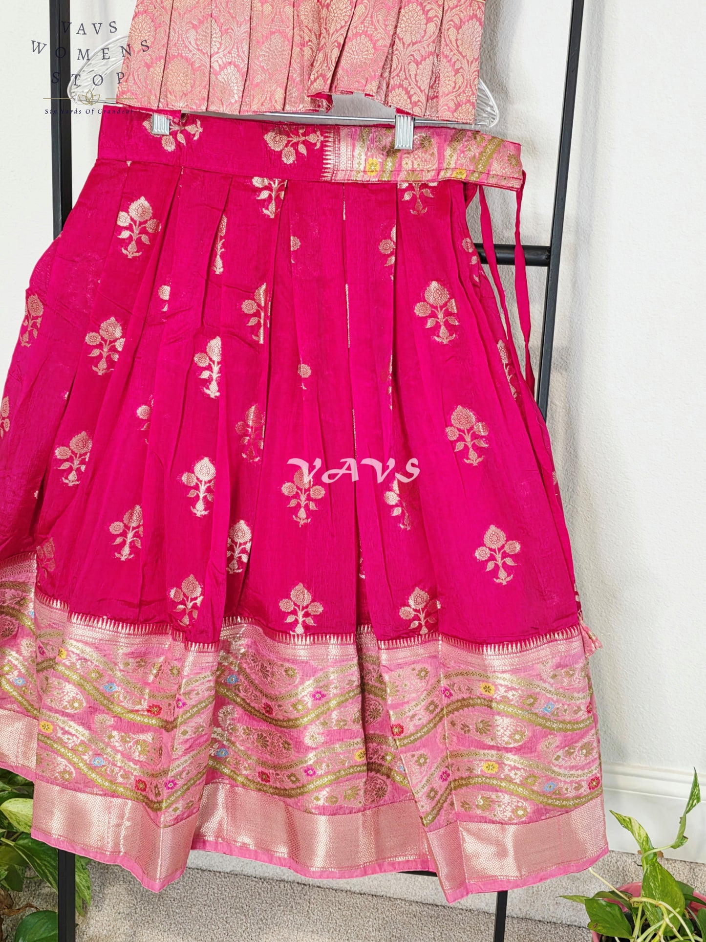 Royal Fuchsia Pink & Blush Pink Benarasi Lehenga with Designer Puff Sleeves Blouse Set for Girls Ages 6–7