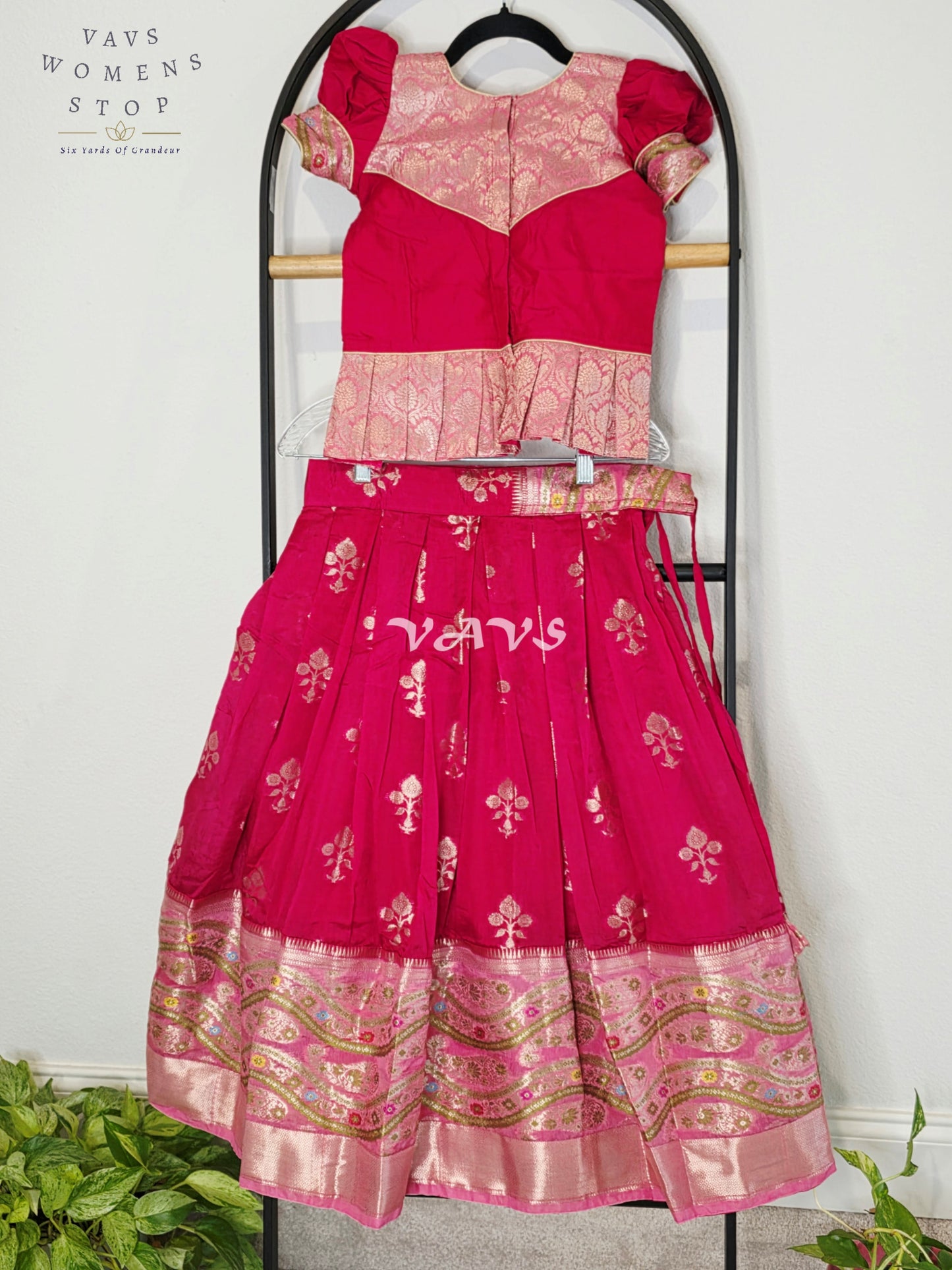 Royal Fuchsia Pink & Blush Pink Benarasi Lehenga with Designer Puff Sleeves Blouse Set for Girls Ages 6–7