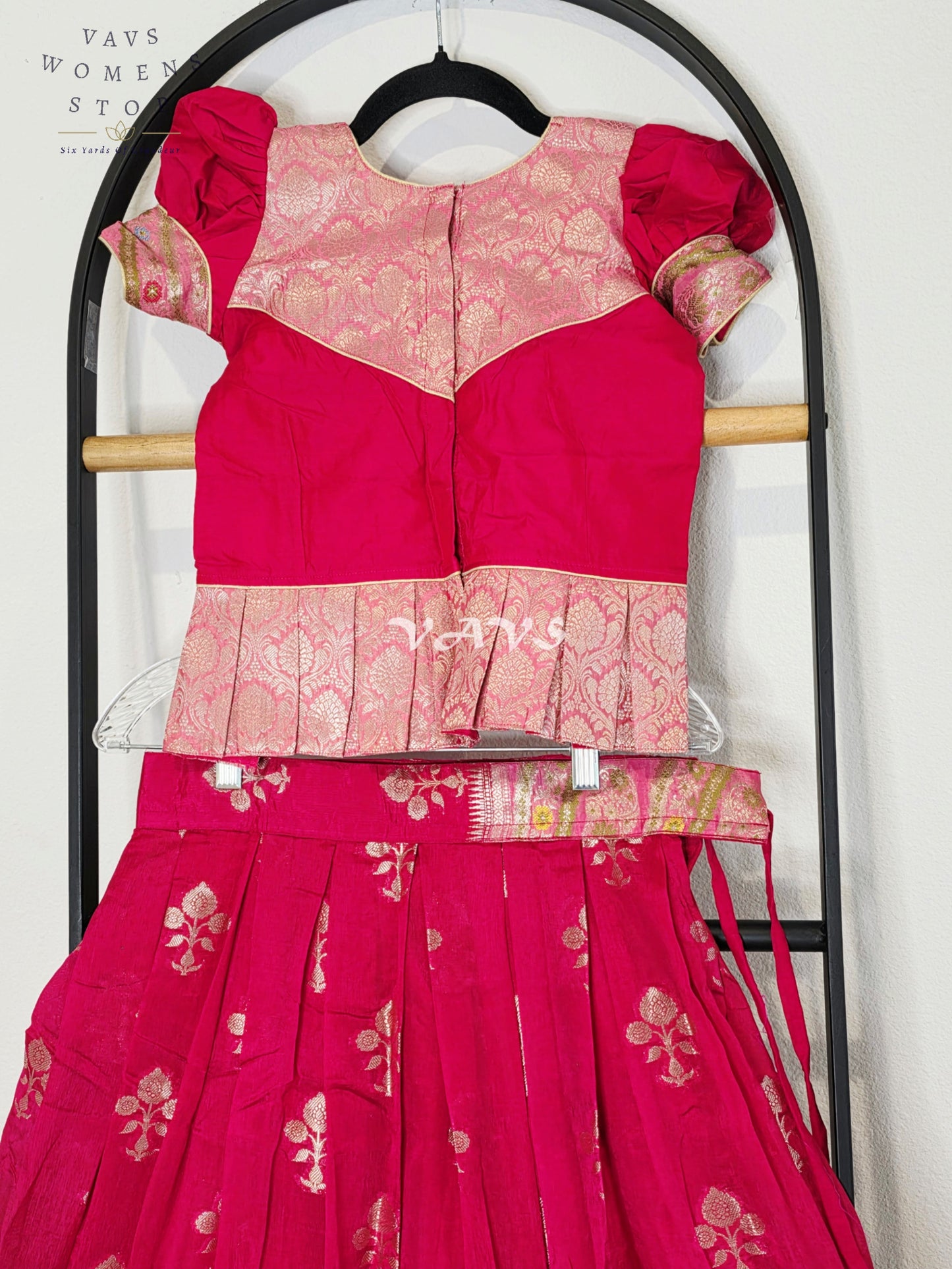 Royal Fuchsia Pink & Blush Pink Benarasi Lehenga with Designer Puff Sleeves Blouse Set for Girls Ages 6–7