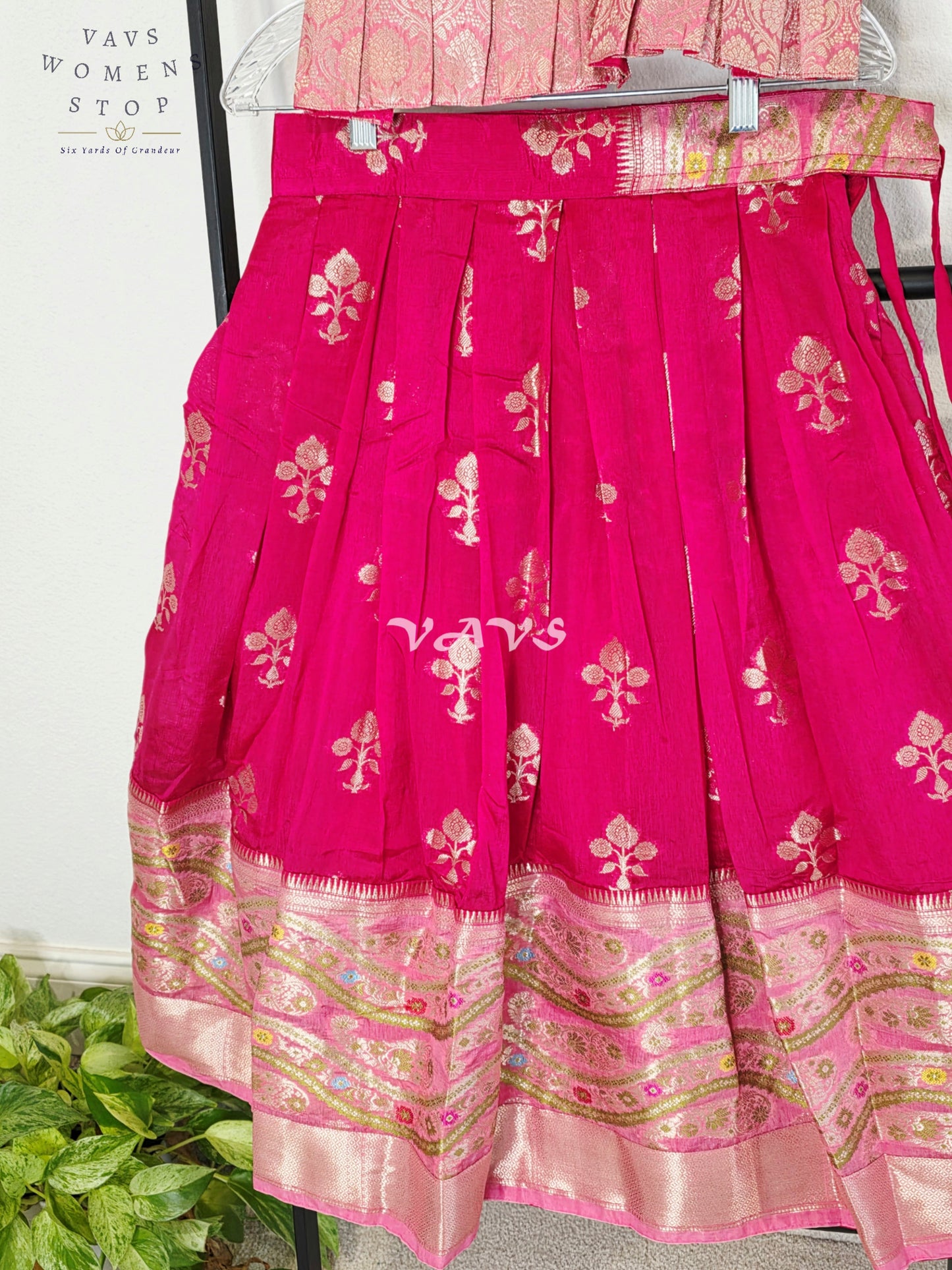 Royal Fuchsia Pink & Blush Pink Benarasi Lehenga with Designer Puff Sleeves Blouse Set for Girls Ages 6–7