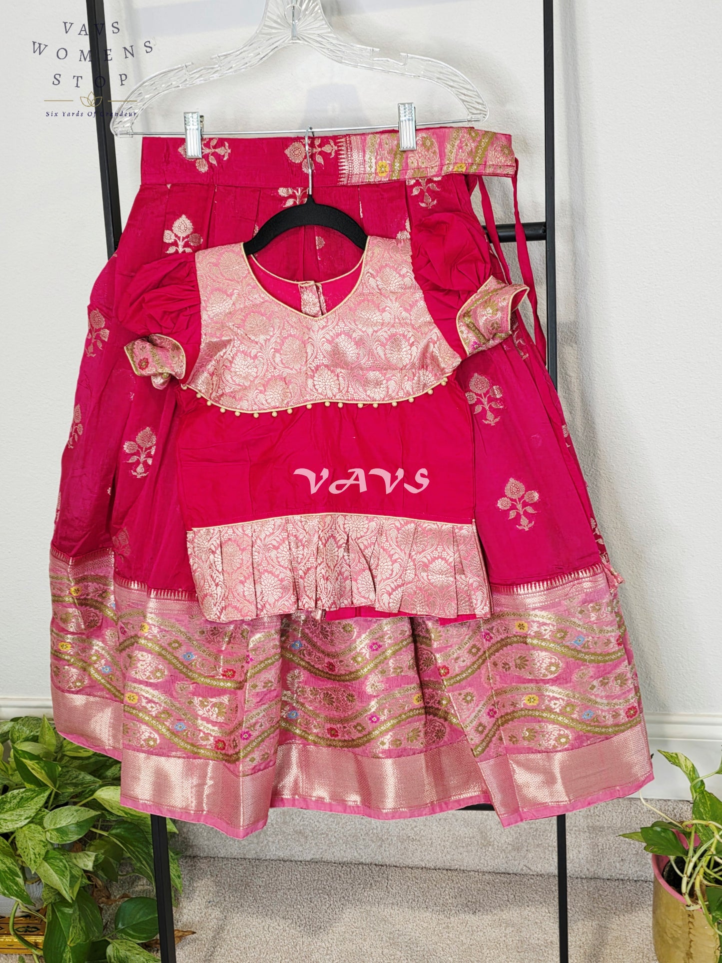 Royal Fuchsia Pink & Blush Pink Benarasi Lehenga with Designer Puff Sleeves Blouse Set for Girls Ages 6–7