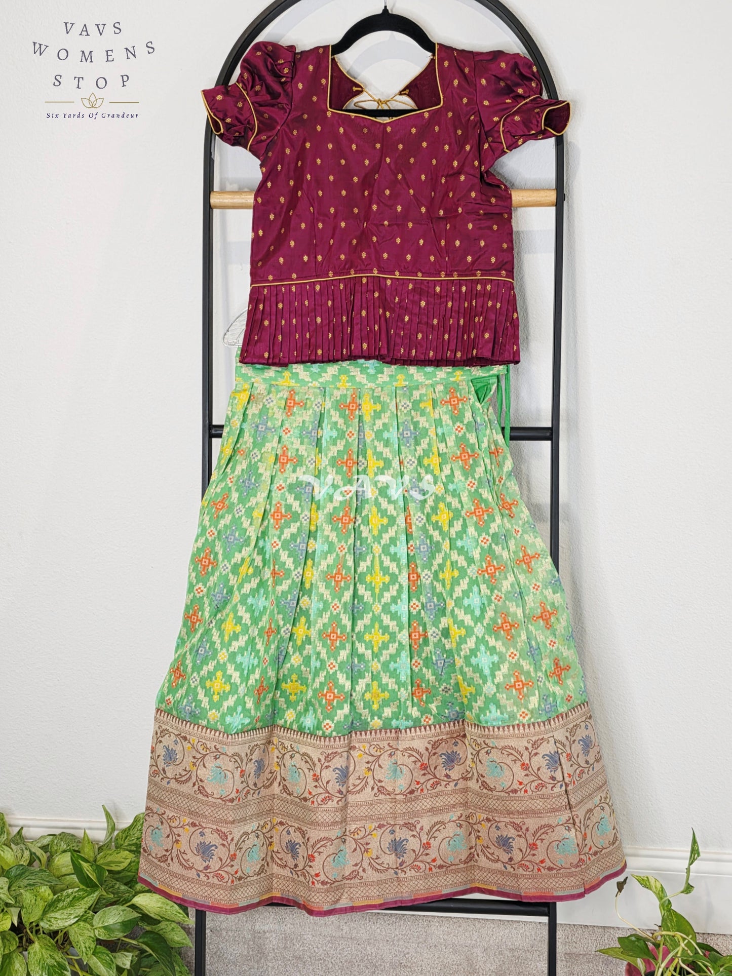 Royal Mint Pistachio Patola Weave Organza Lehenga with Regal Wine Puff Sleeves Blouse Set for Girls Ages 6–7