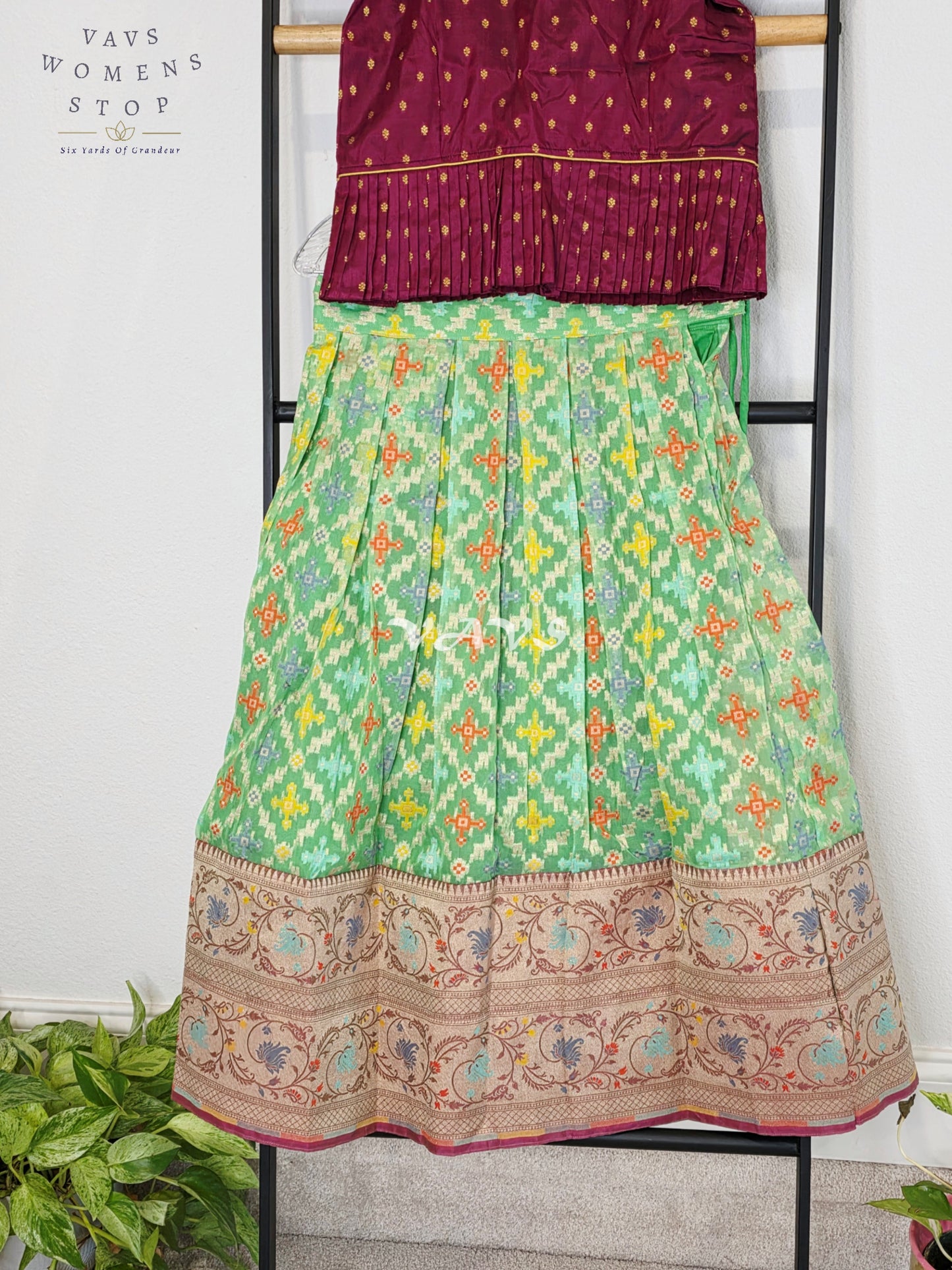Royal Mint Pistachio Patola Weave Organza Lehenga with Regal Wine Puff Sleeves Blouse Set for Girls Ages 6–7