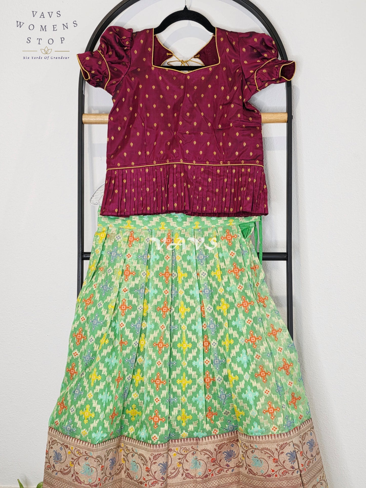 Royal Mint Pistachio Patola Weave Organza Lehenga with Regal Wine Puff Sleeves Blouse Set for Girls Ages 6–7