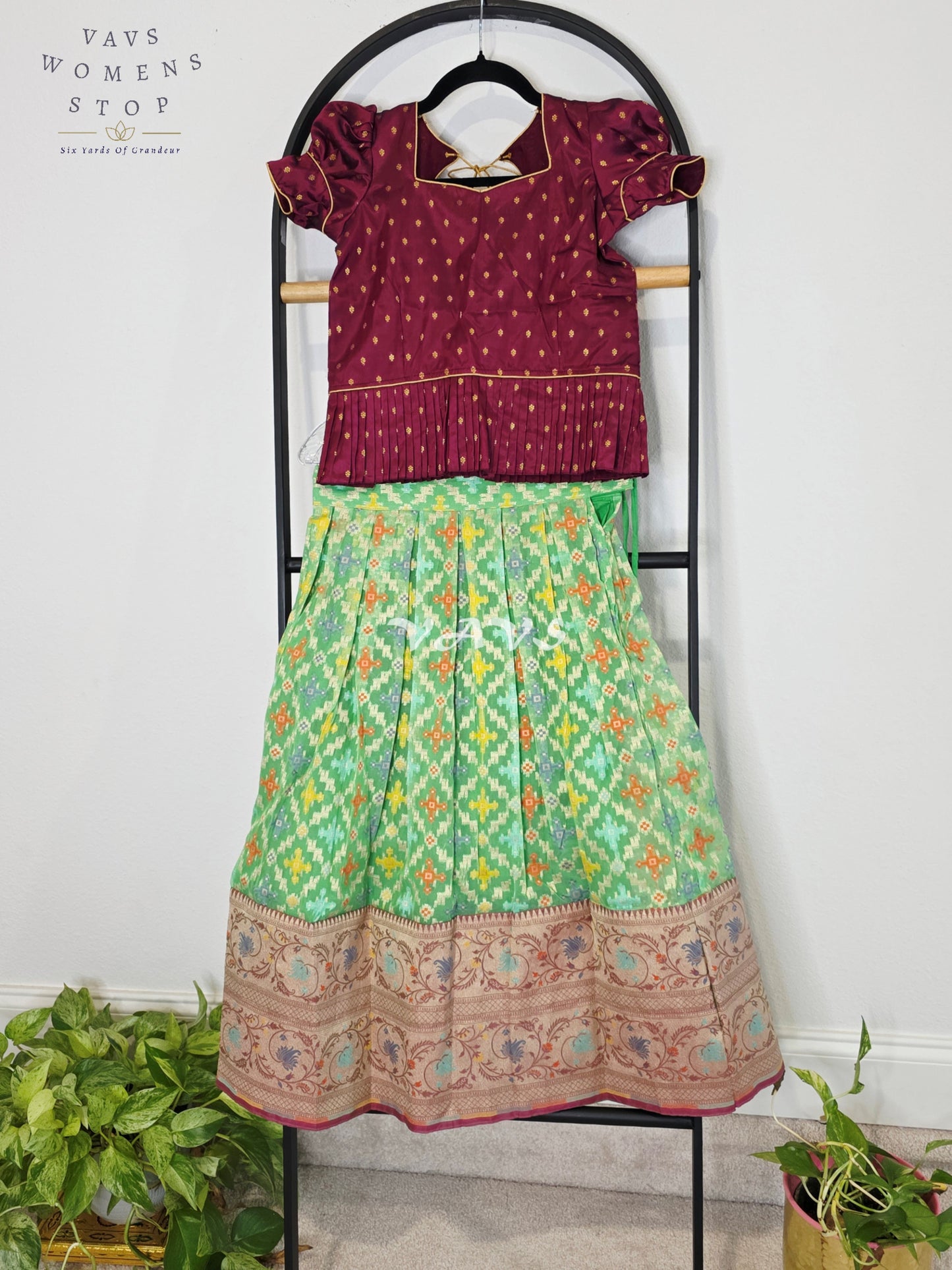 Royal Mint Pistachio Patola Weave Organza Lehenga with Regal Wine Puff Sleeves Blouse Set for Girls Ages 6–7
