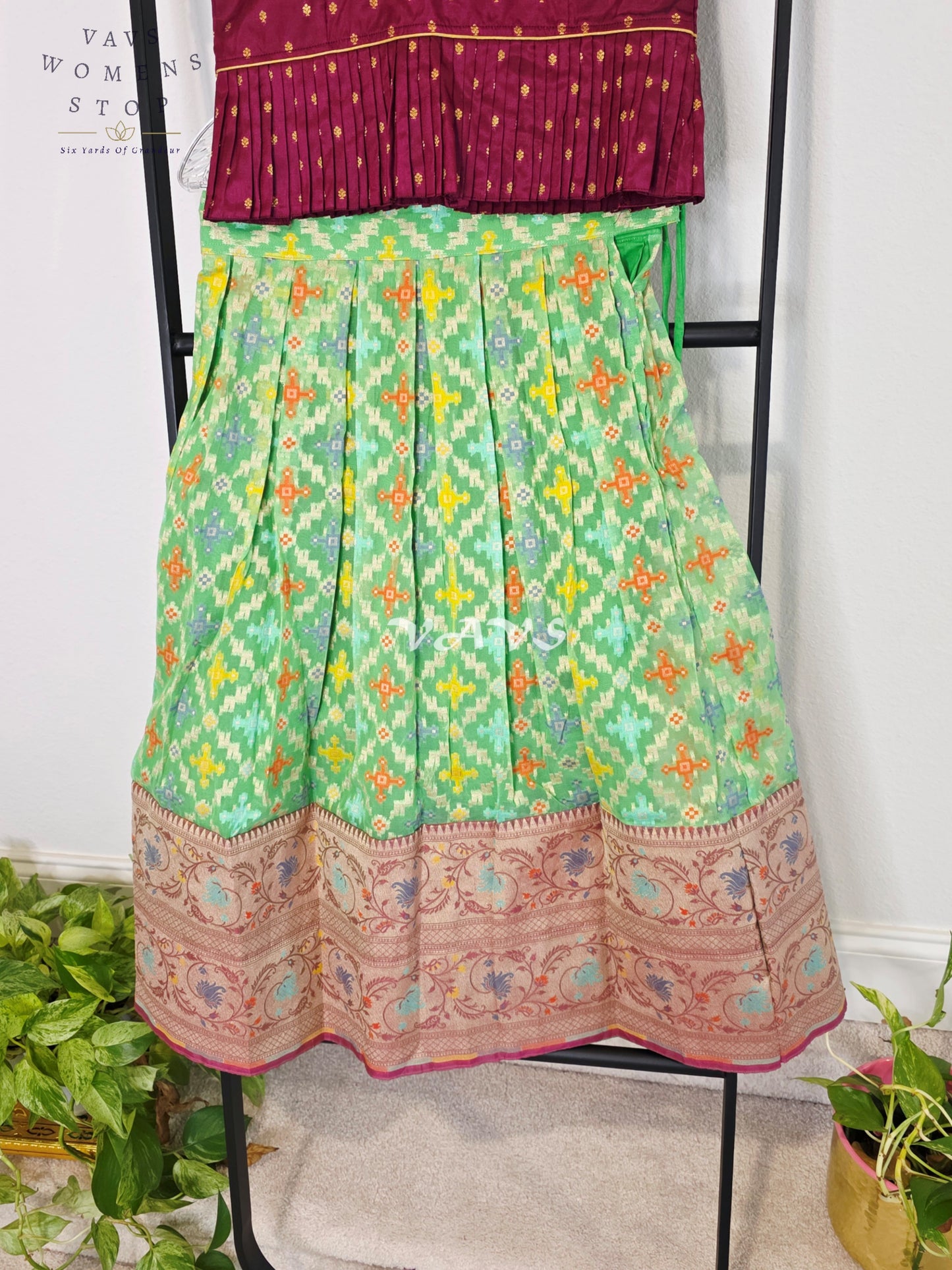 Royal Mint Pistachio Patola Weave Organza Lehenga with Regal Wine Puff Sleeves Blouse Set for Girls Ages 6–7