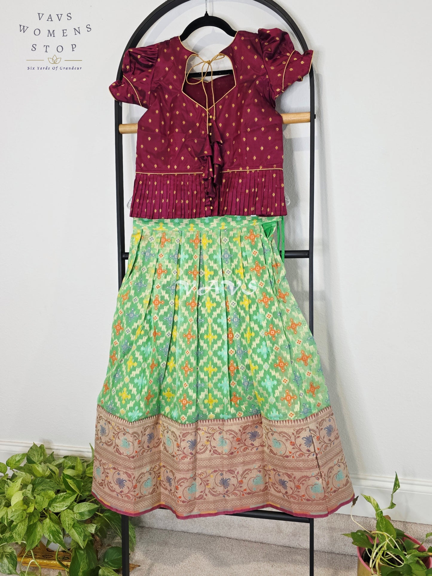 Royal Mint Pistachio Patola Weave Organza Lehenga with Regal Wine Puff Sleeves Blouse Set for Girls Ages 6–7