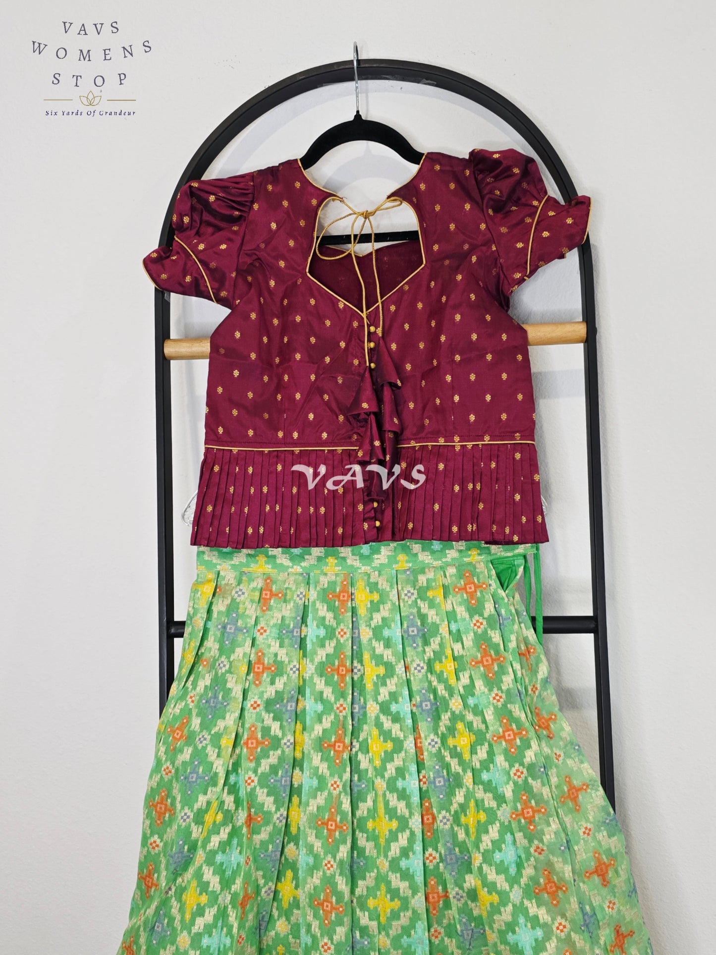 Royal Mint Pistachio Patola Weave Organza Lehenga with Regal Wine Puff Sleeves Blouse Set for Girls Ages 6–7