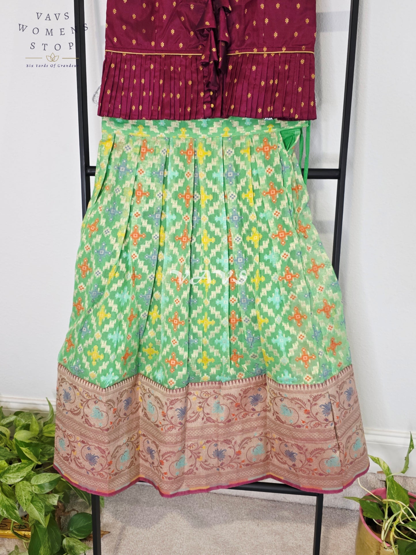 Royal Mint Pistachio Patola Weave Organza Lehenga with Regal Wine Puff Sleeves Blouse Set for Girls Ages 6–7