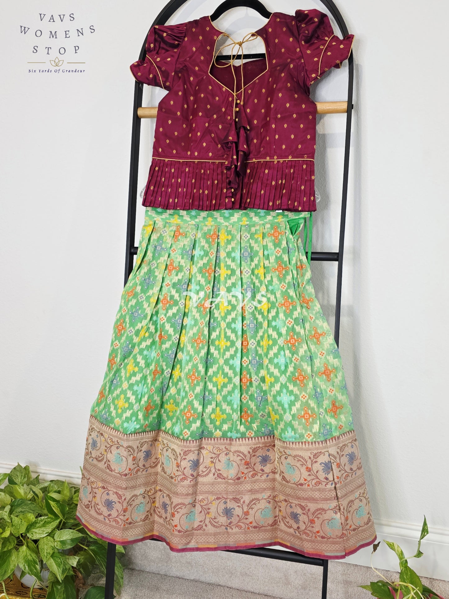 Royal Mint Pistachio Patola Weave Organza Lehenga with Regal Wine Puff Sleeves Blouse Set for Girls Ages 6–7