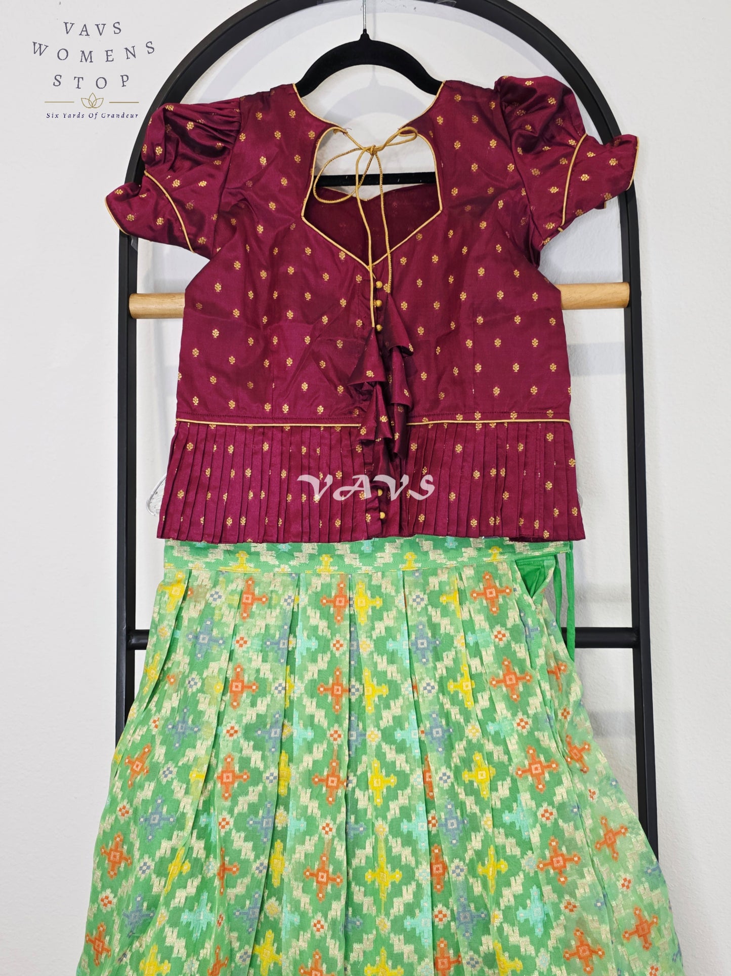 Royal Mint Pistachio Patola Weave Organza Lehenga with Regal Wine Puff Sleeves Blouse Set for Girls Ages 6–7