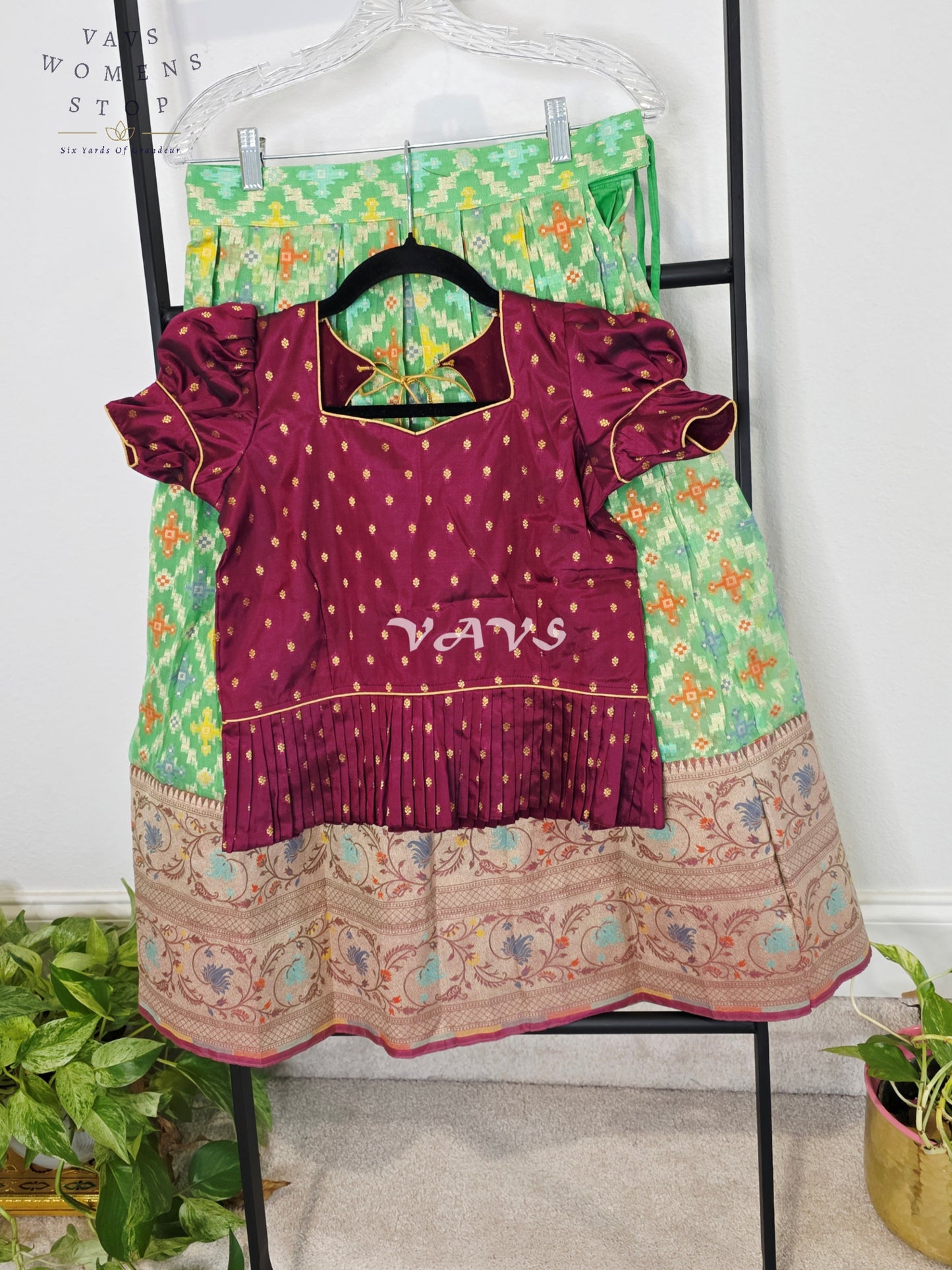 Royal Mint Pistachio Patola Weave Organza Lehenga with Regal Wine Puff Sleeves Blouse Set for Girls Ages 6–7