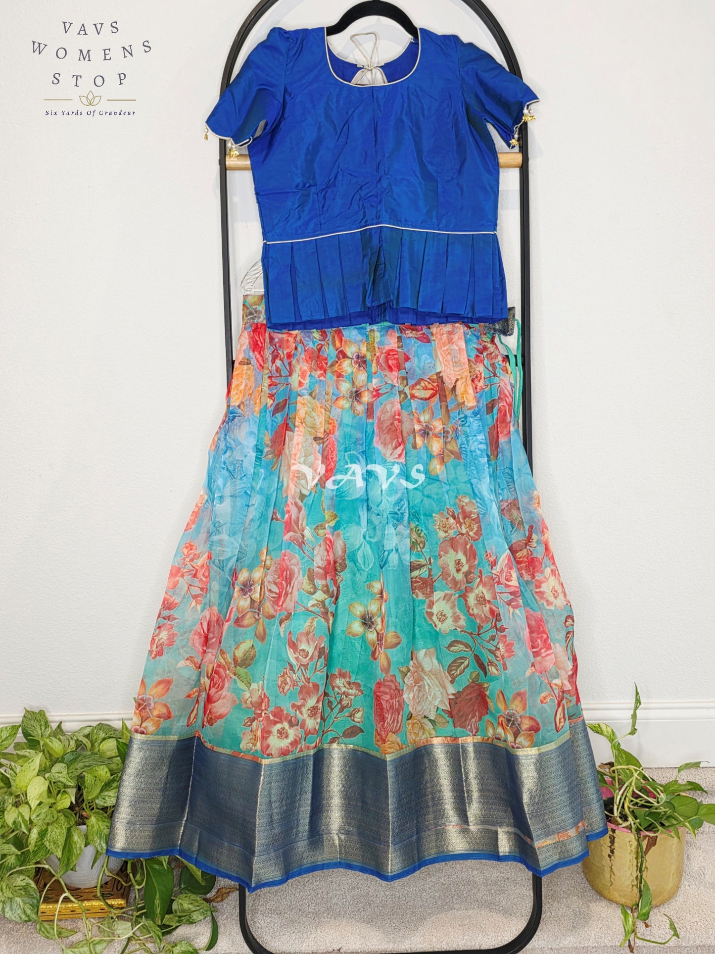 Royal Sapphire Blue & Aqua Bloom Floral Print Organza Lehenga Set for Girls Ages 11–12