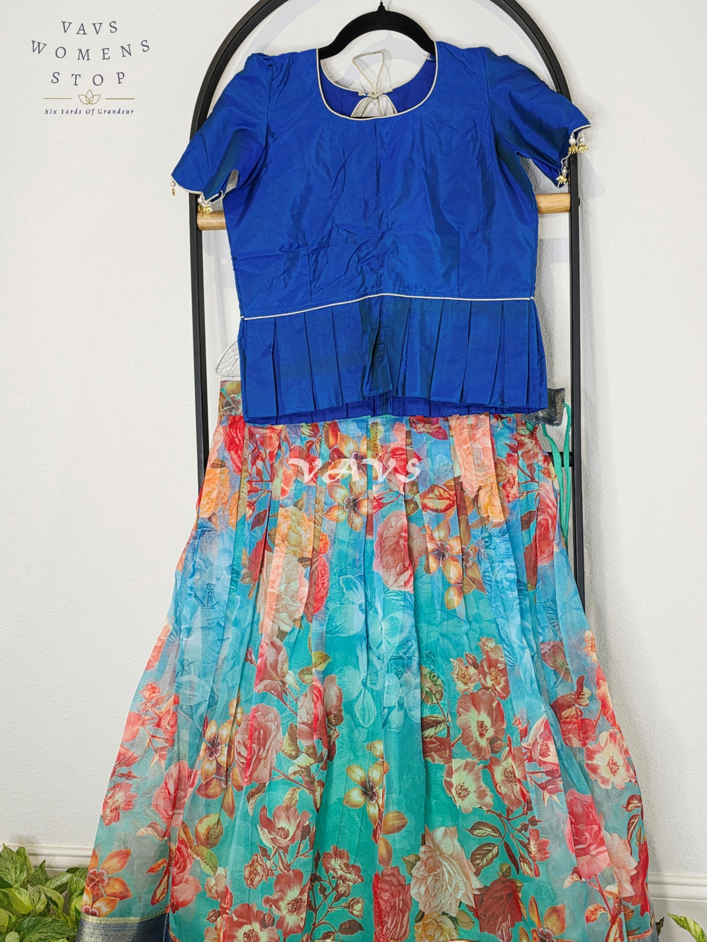 Royal Sapphire Blue & Aqua Bloom Floral Print Organza Lehenga Set for Girls Ages 11–12