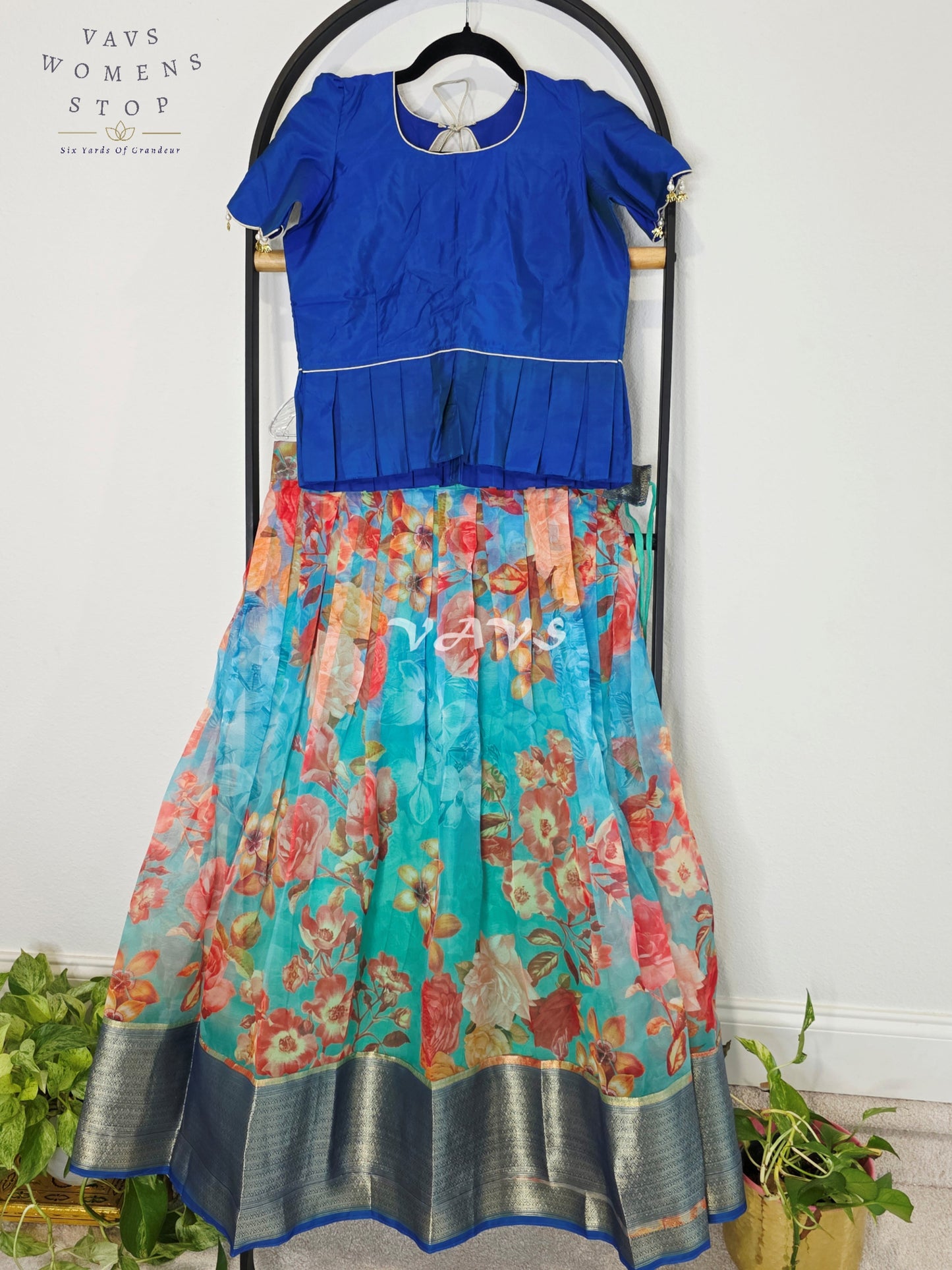Royal Sapphire Blue & Aqua Bloom Floral Print Organza Lehenga Set for Girls Ages 11–12