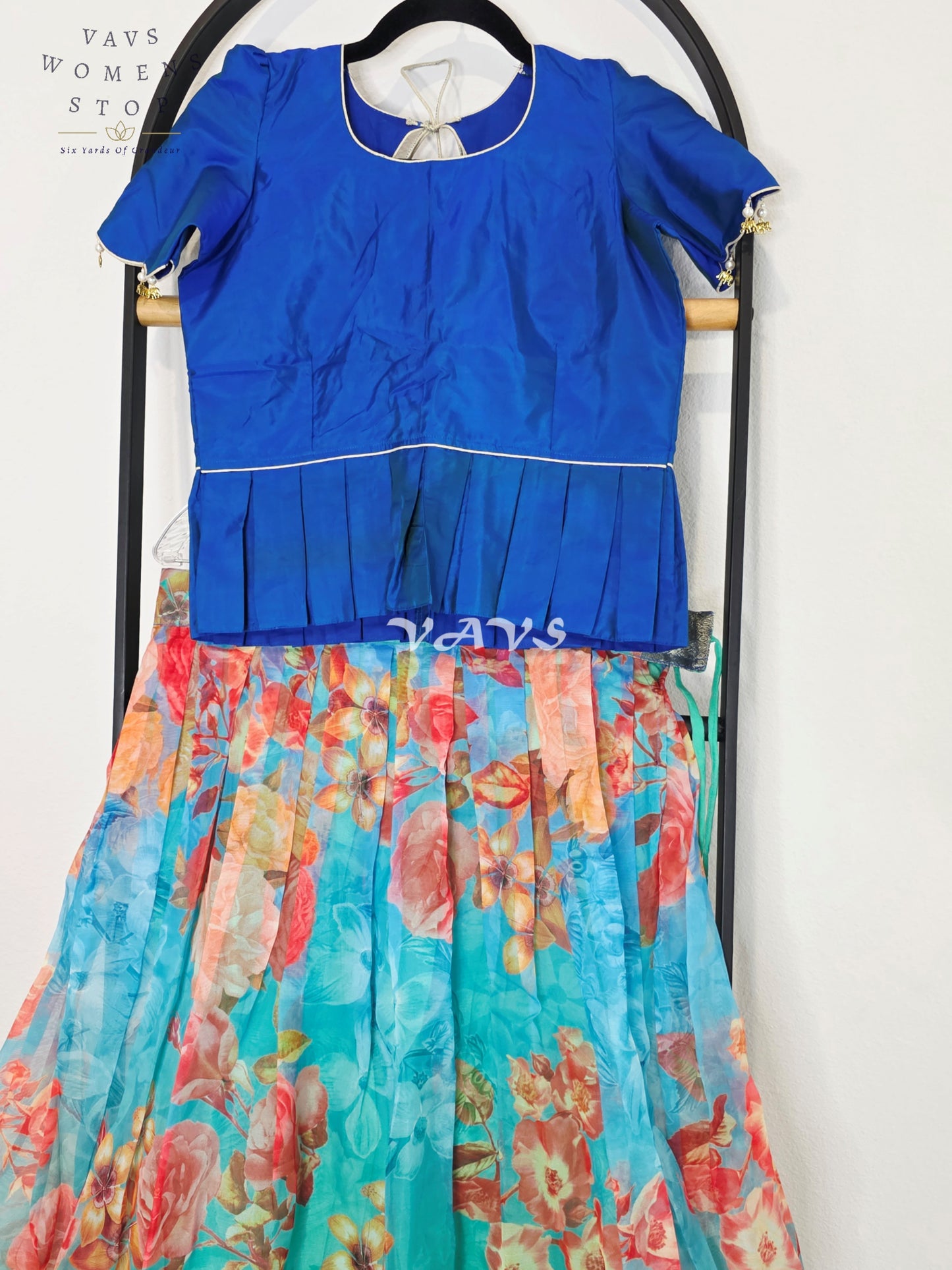 Royal Sapphire Blue & Aqua Bloom Floral Print Organza Lehenga Set for Girls Ages 11–12